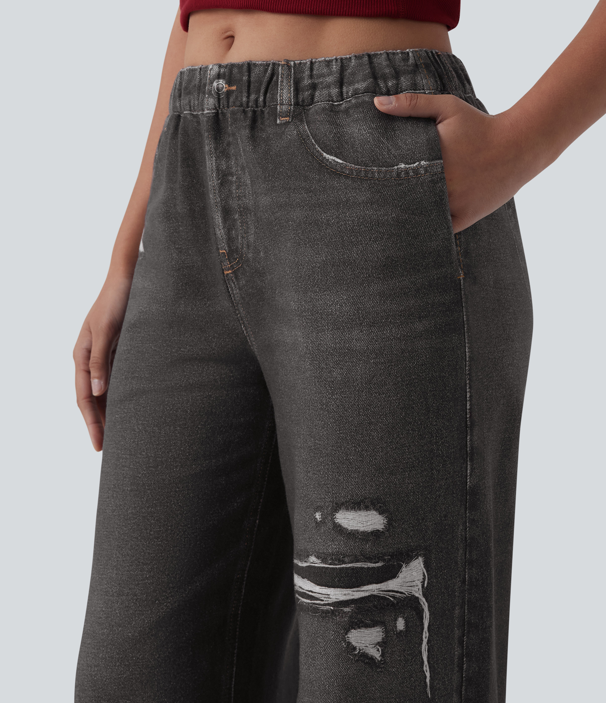 Mid Rise Denim Print French Terry Casual Sweatpants Jeans with Pockets - Distressed Washed Black
