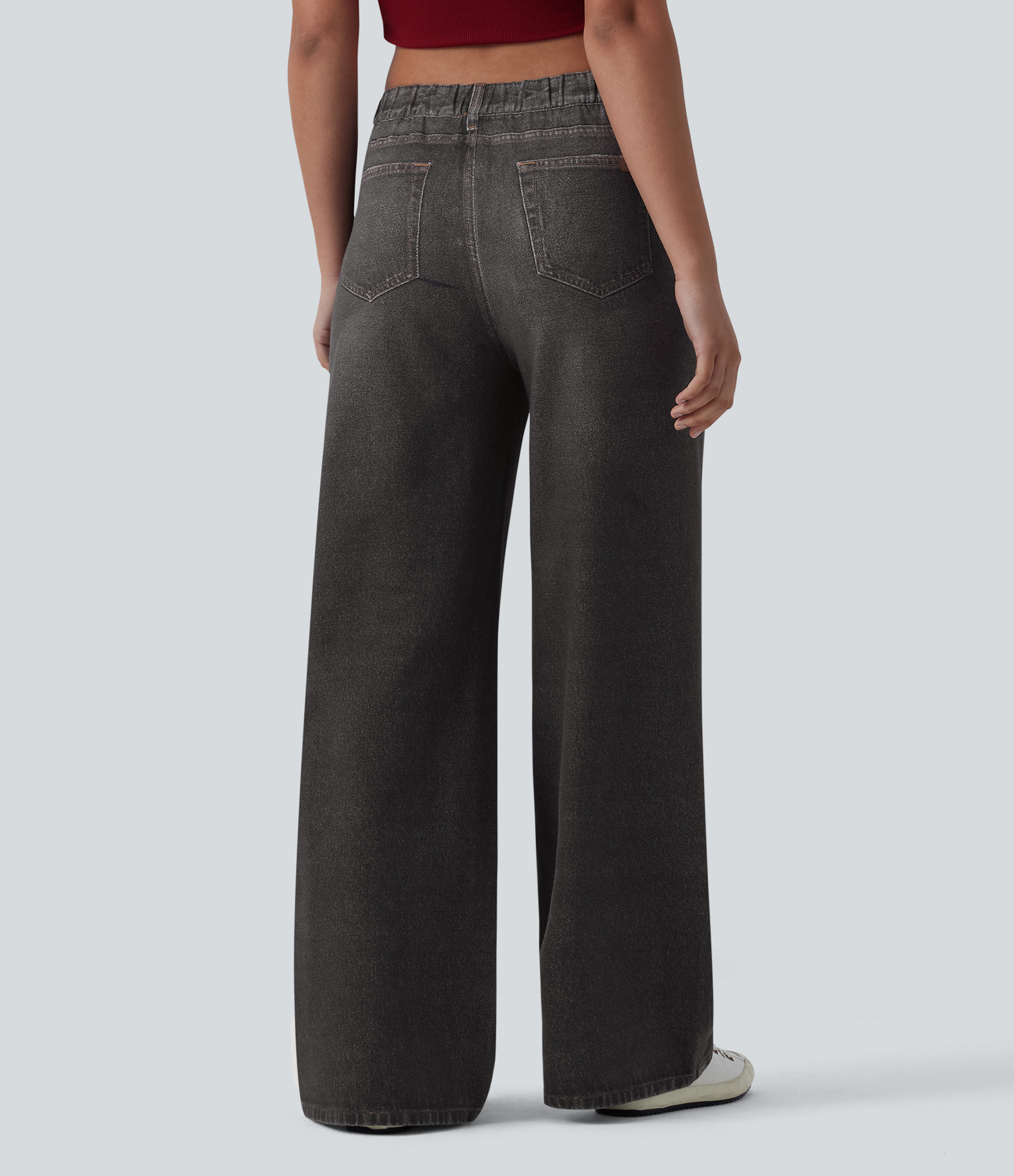 Mid Rise Denim Print French Terry Casual Sweatpants Jeans with Pockets - Distressed Washed Black