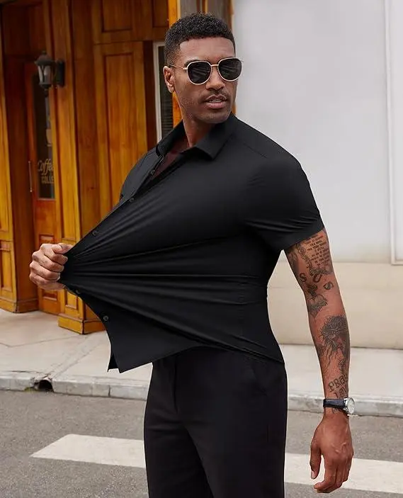 Men's Short Sleeve Stretch Slim Fit Casual Button Down Shirts