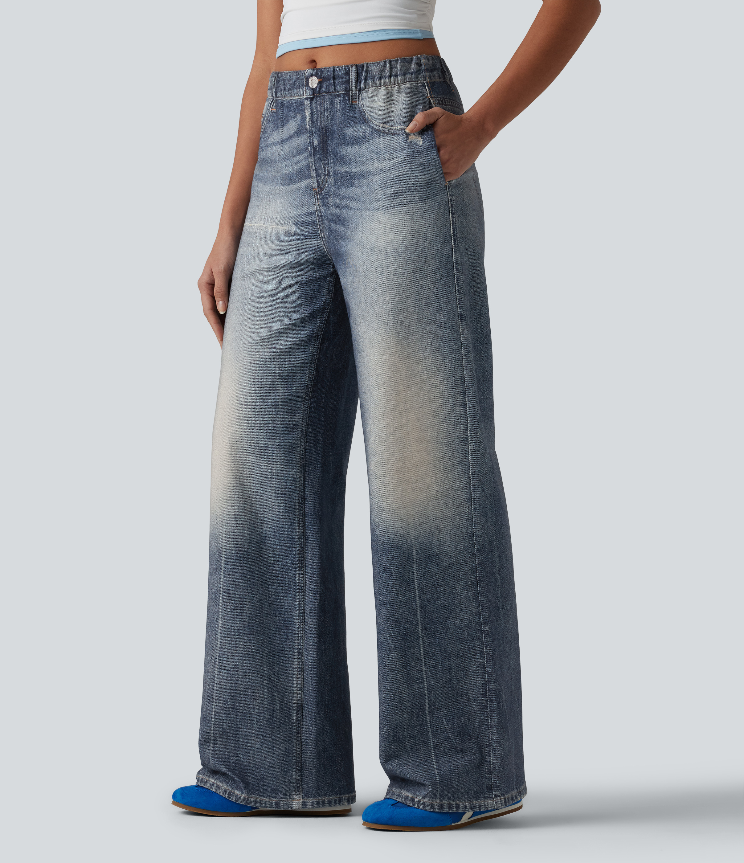Mid Rise Denim Print French Terry Casual Sweatpants Jeans with Pockets - Washed Indigo Blue