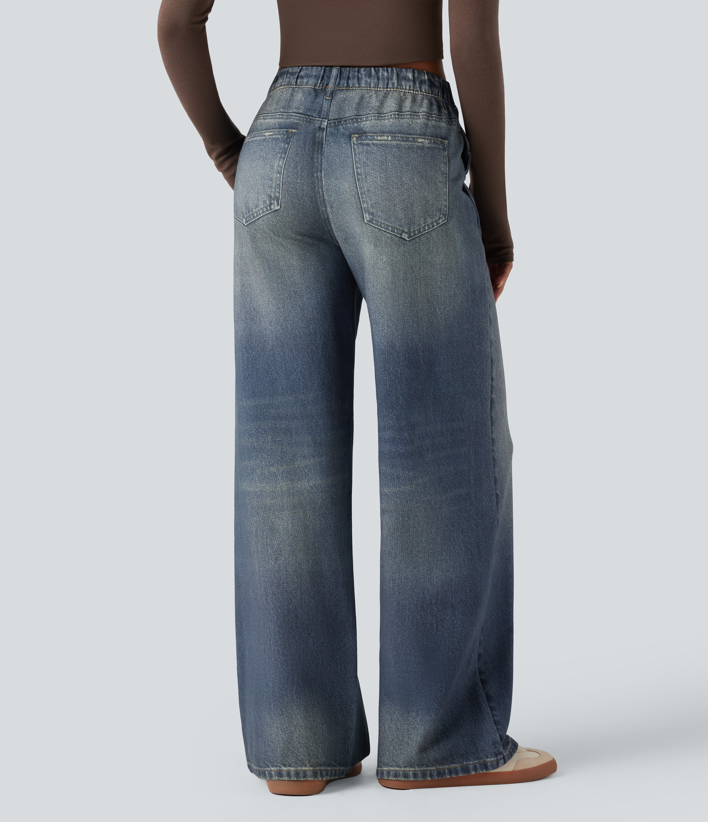 Mid Rise Denim Print French Terry Casual Sweatpants Jeans with Pockets - Dutch Blue Denim