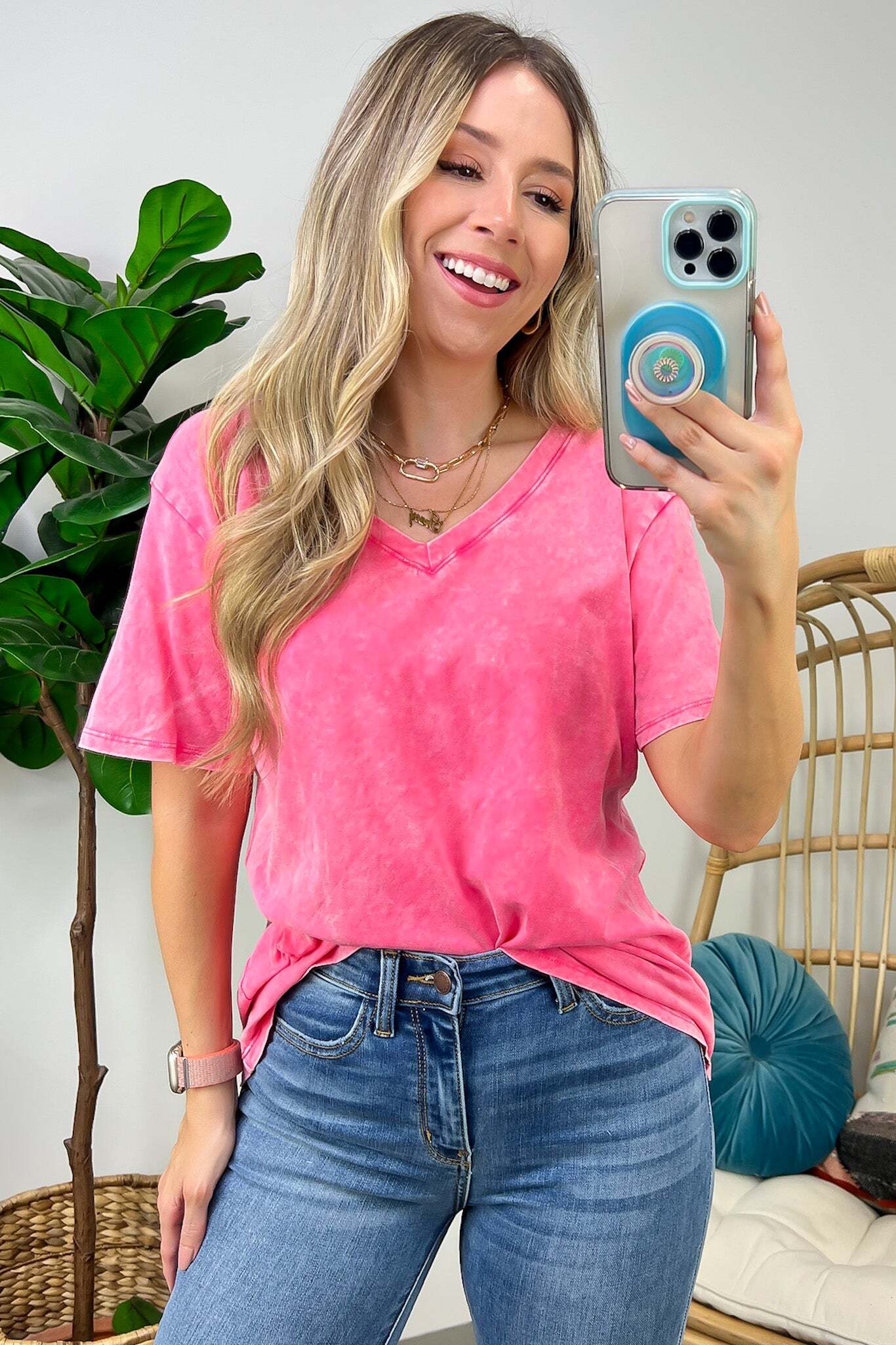 Soliel Acid Wash V-Neck Relaxed Fit Top - BACK IN STOCK
