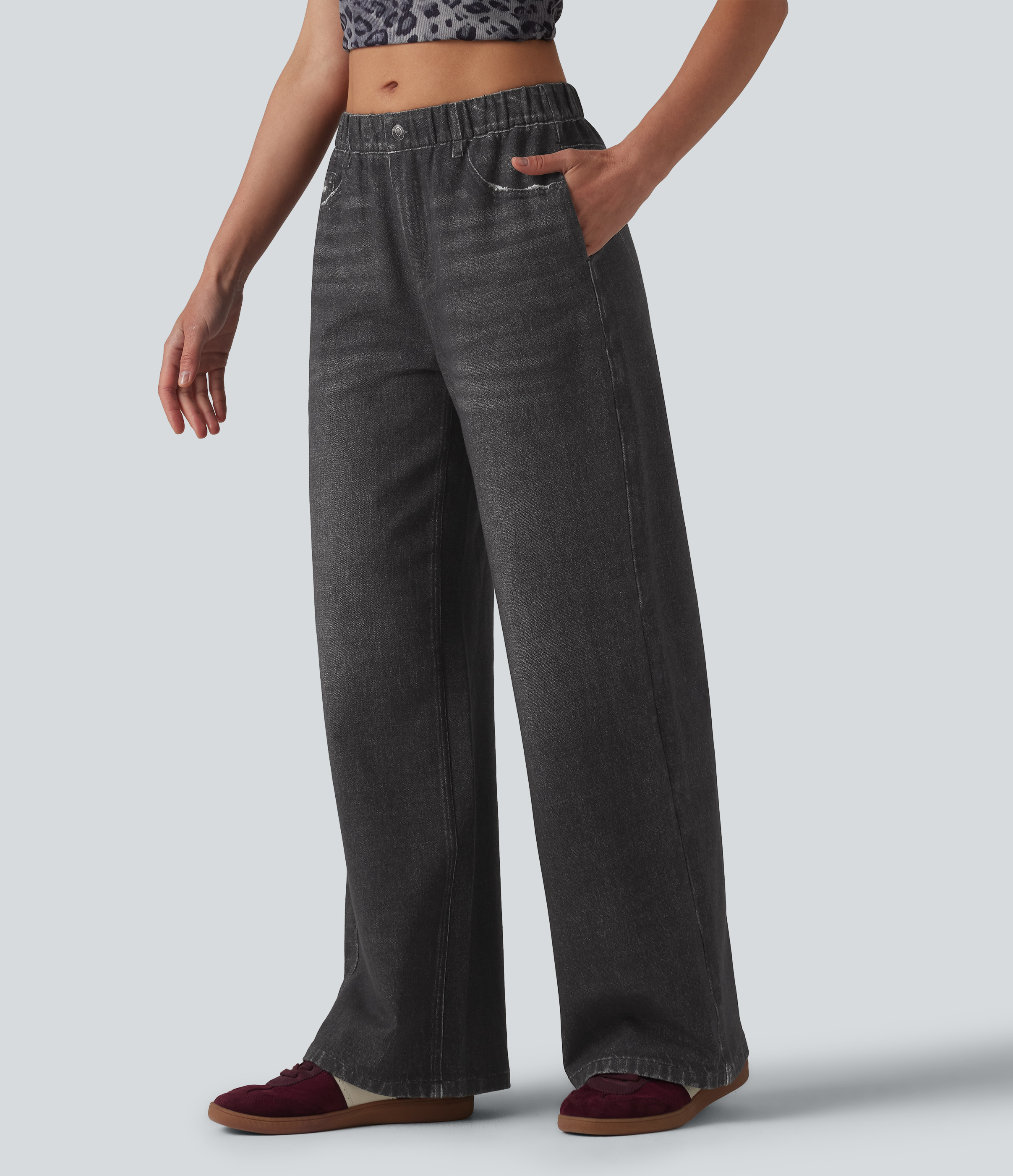 Mid Rise Denim Print French Terry Casual Sweatpants Jeans with Pockets - Smoky Washed Black