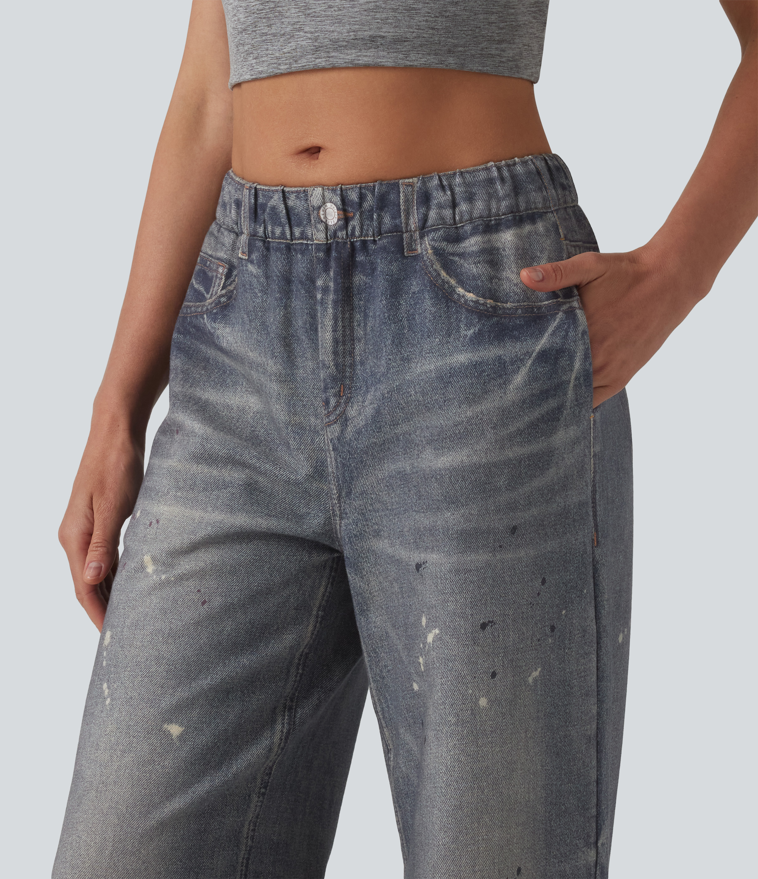 Mid Rise Denim Print French Terry Casual Sweatpants Jeans with Pockets - Painted Vintage Blue