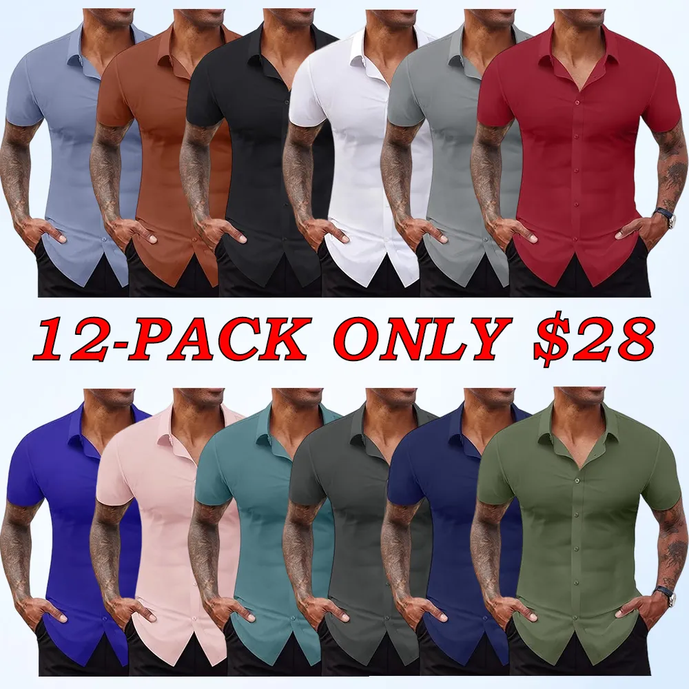 Men's Short Sleeve Stretch Slim Fit Casual Button Down Shirts