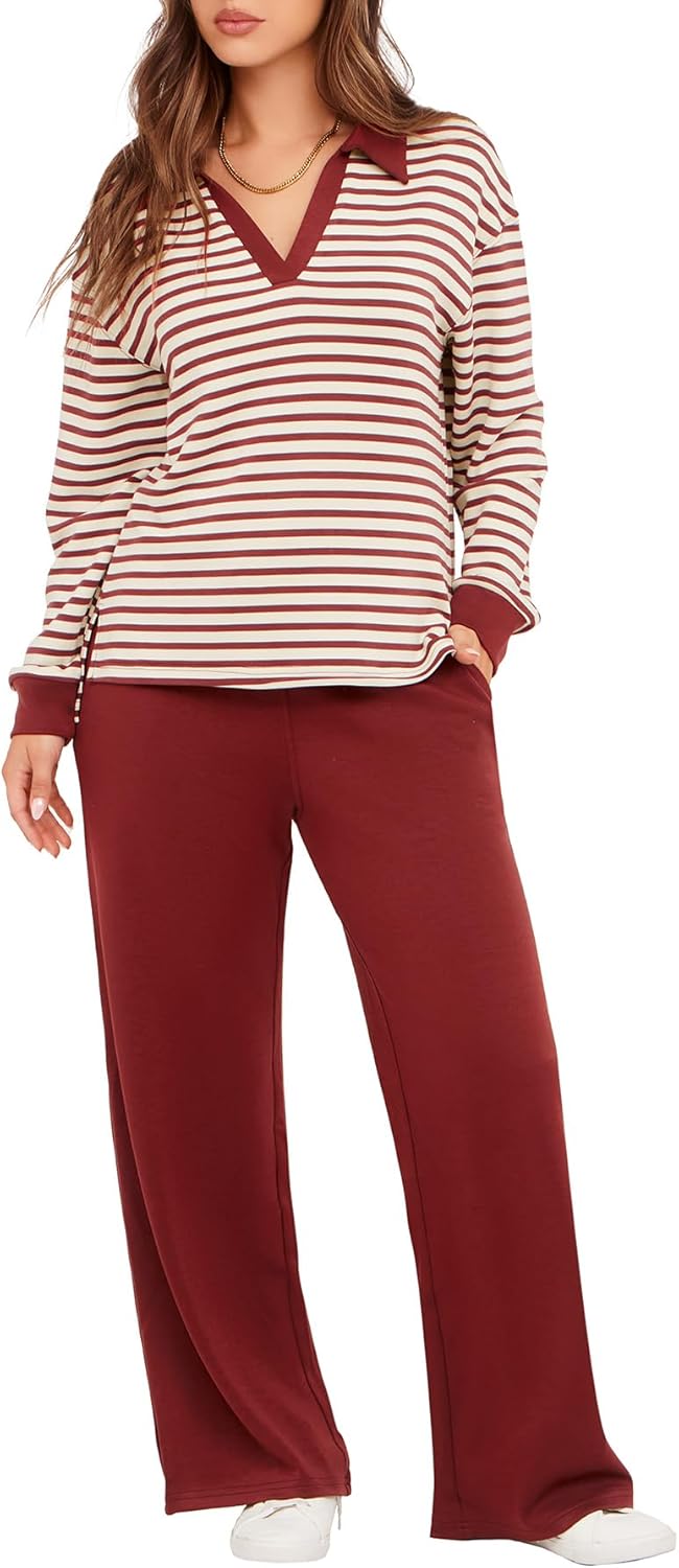 Women's 2 Piece Sets Outfits Casual Long Sleeve Sweatsuits Polo Top and Wide Leg Pants Matching Sets