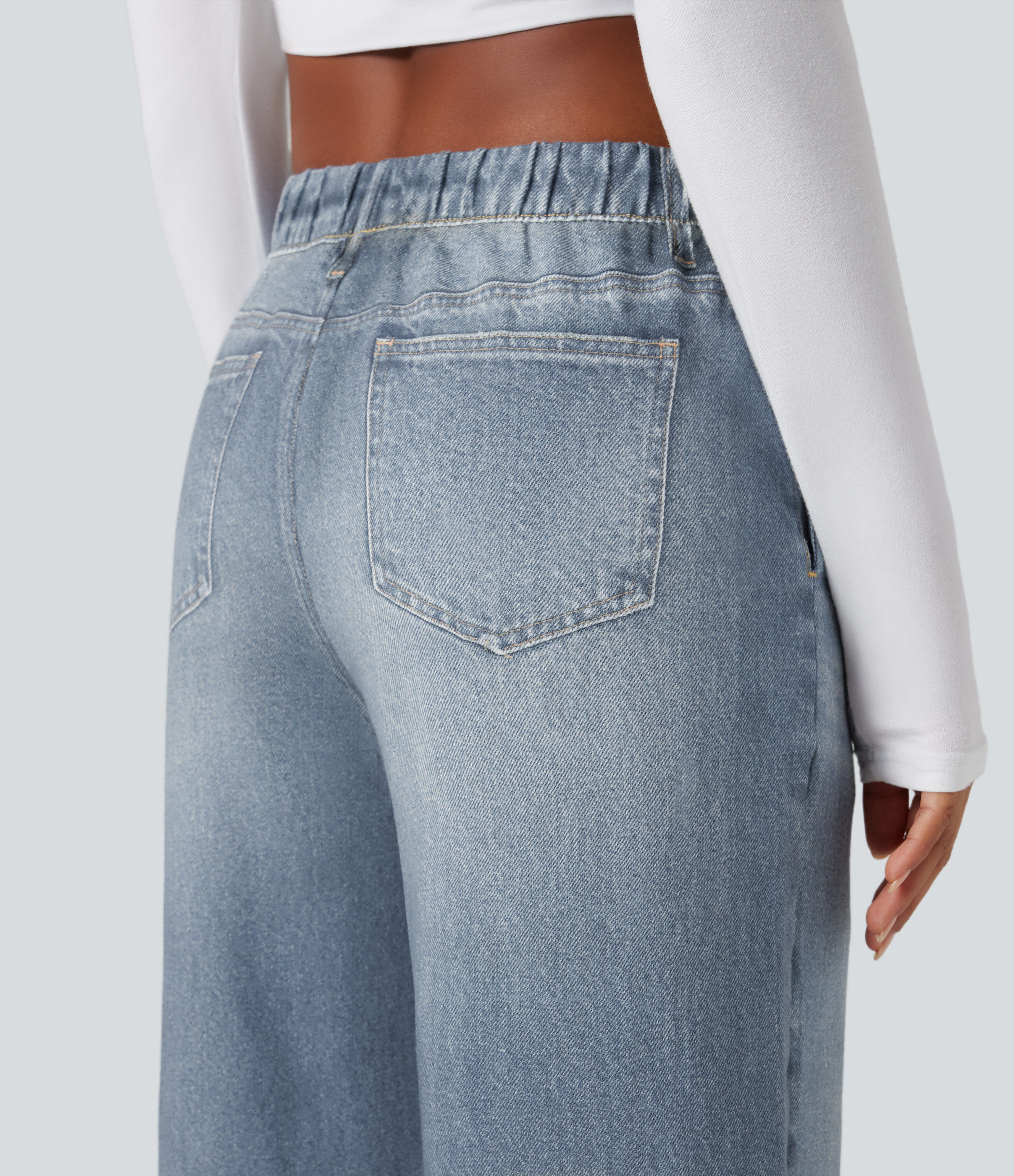 Mid Rise Denim Print French Terry Casual Sweatpants Jeans with Pockets - Light Ocean Denim