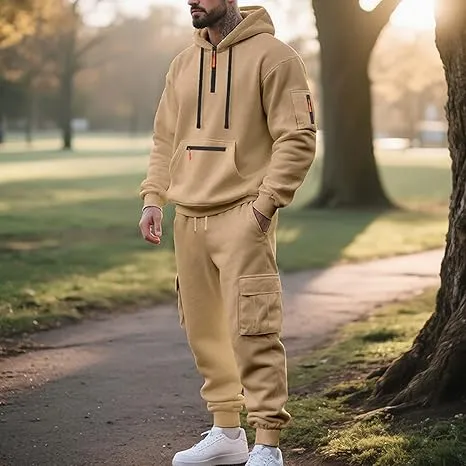 Men’s Fleece-Lined 2-Piece Tracksuit: Tactical Quarter-Zip Hoodie + Cargo Joggers