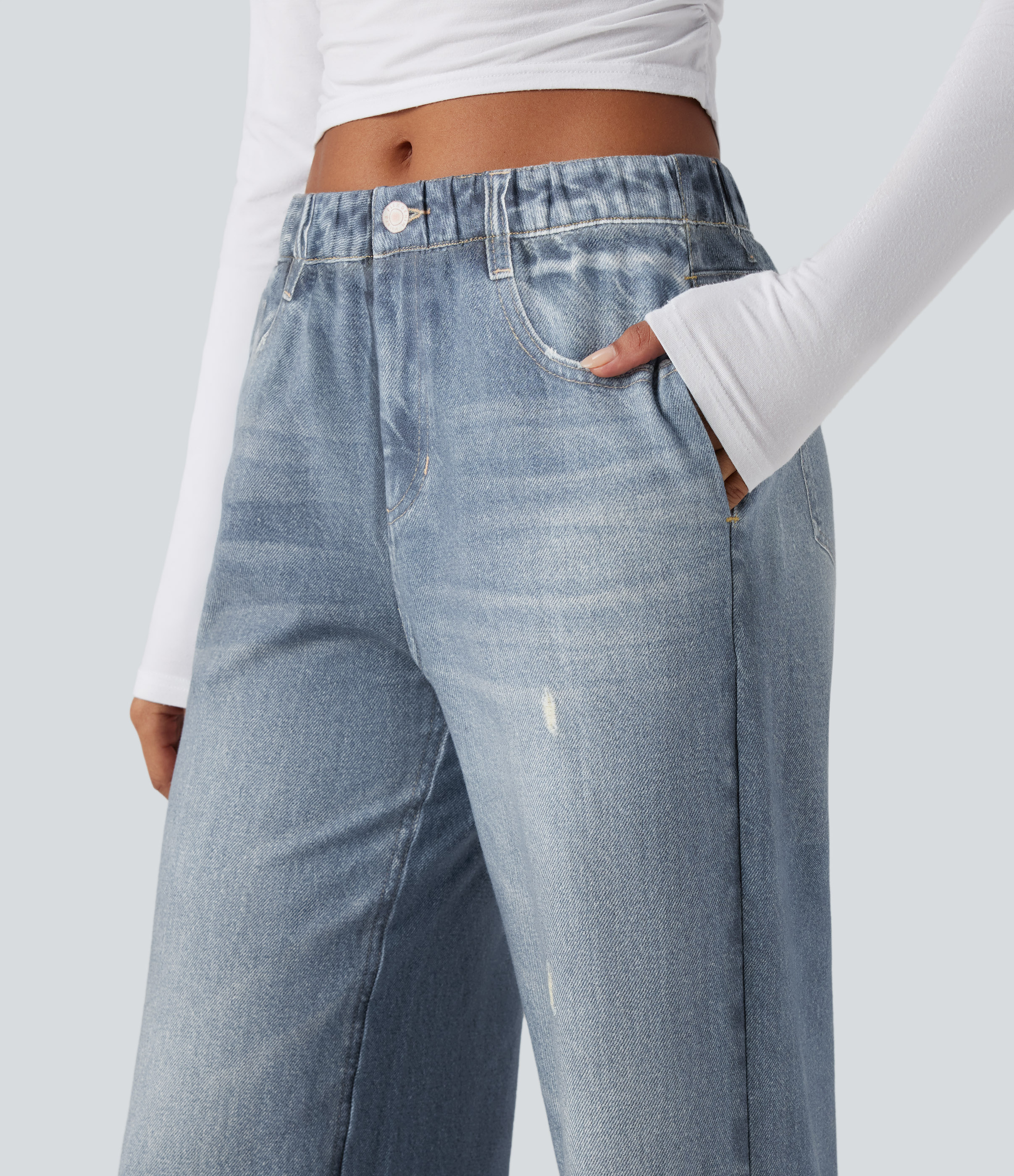 Mid Rise Denim Print French Terry Casual Sweatpants Jeans with Pockets - Light Ocean Denim