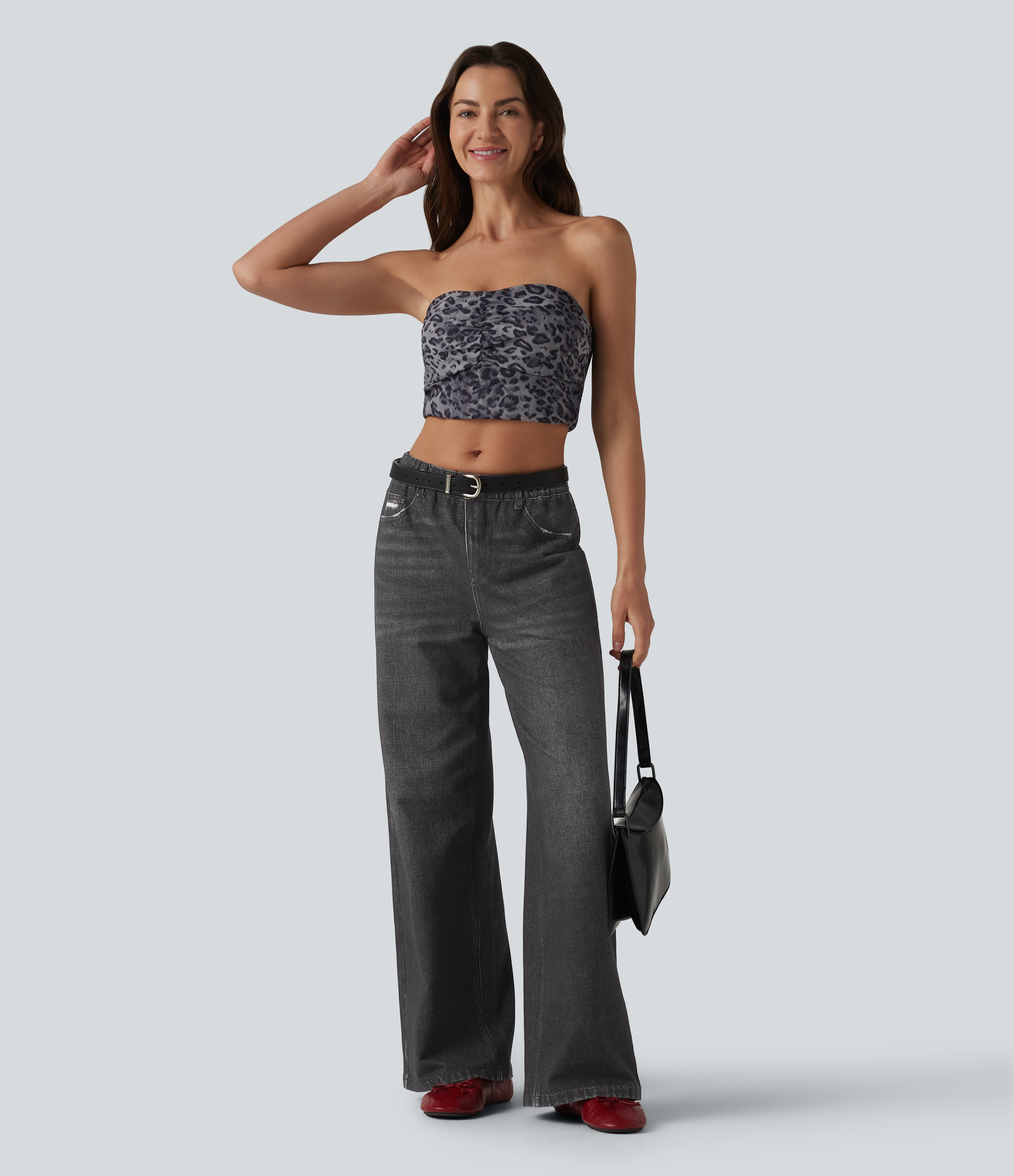 Mid Rise Denim Print French Terry Casual Sweatpants Jeans with Pockets - Smoky Washed Black