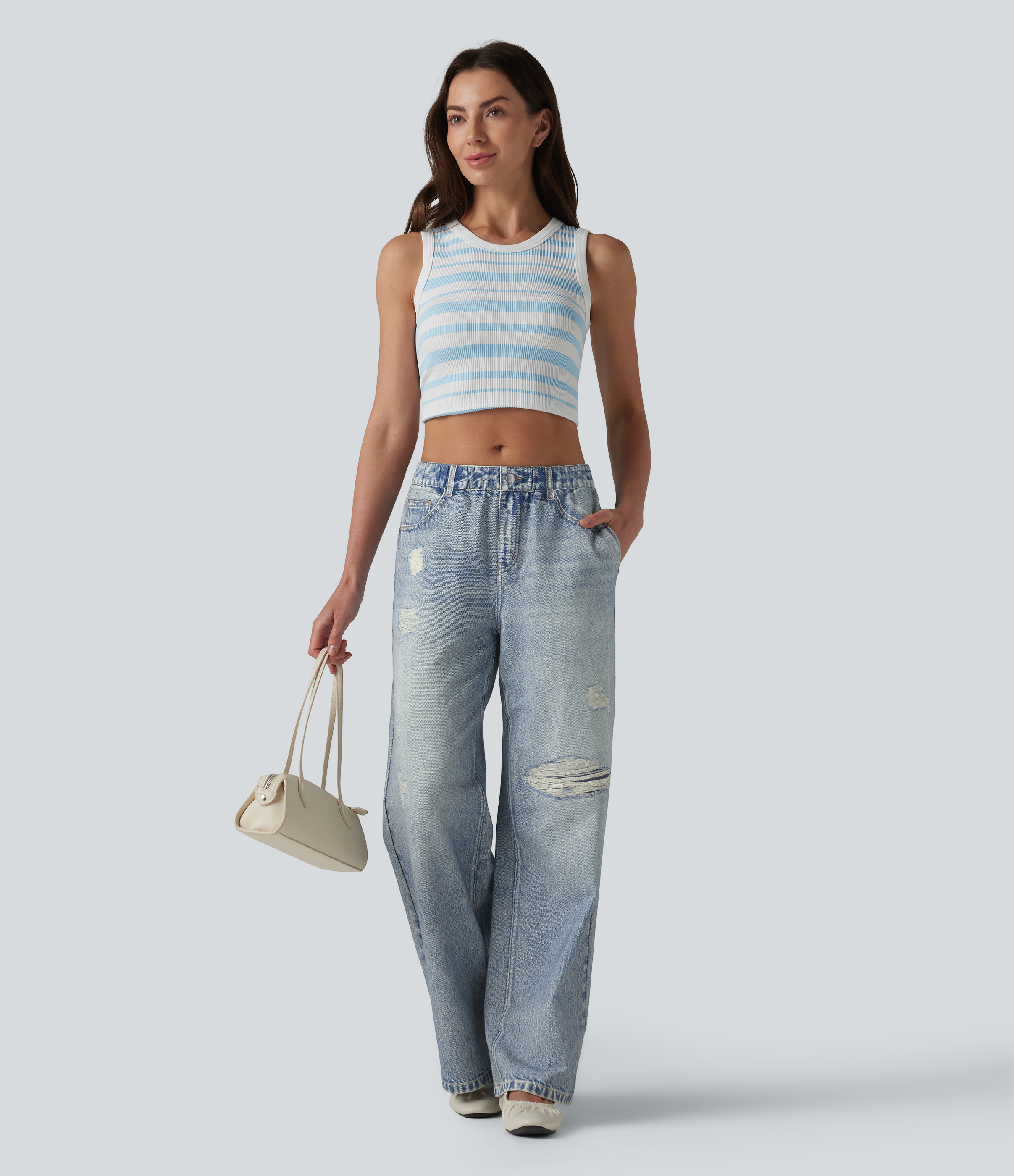 Mid Rise Denim Print French Terry Casual Sweatpants Jeans with Pockets - Soft Breeze Blue
