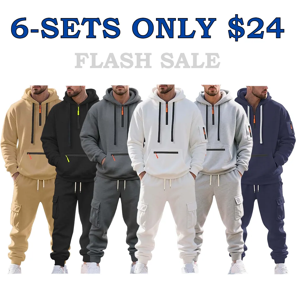 Men’s Fleece-Lined 2-Piece Tracksuit: Tactical Quarter-Zip Hoodie + Cargo Joggers