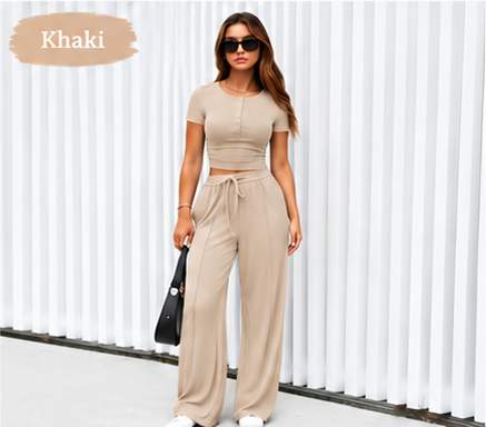 ⚡FINAL SALE⚡- Women's 2-Piece Outfits Summer Short Sleeve Crop Slim Fit Tops & Wide Leg Pants