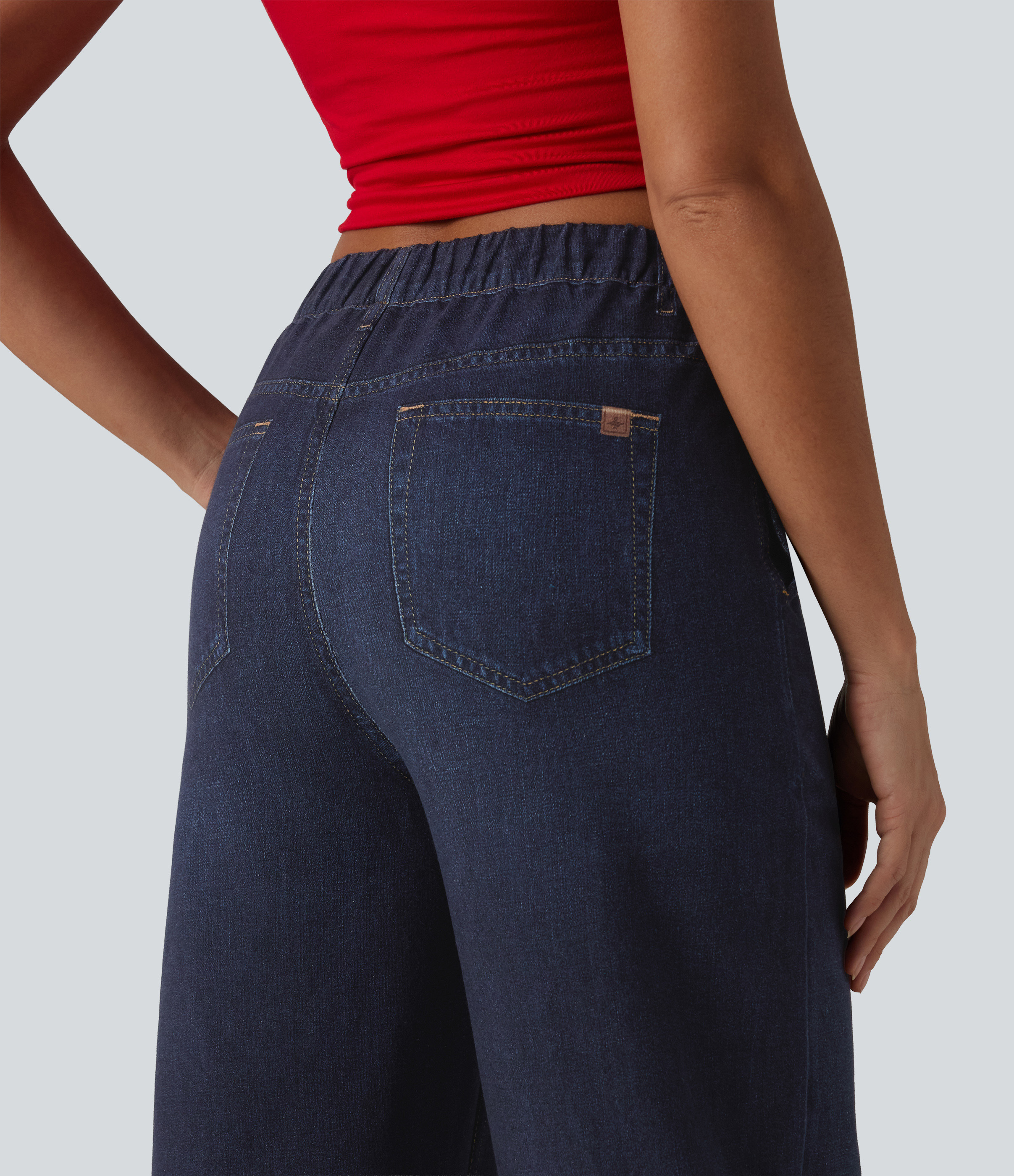 Mid Rise Denim Print French Terry Casual Sweatpants Jeans with Pockets - Pageant Indigo Denim