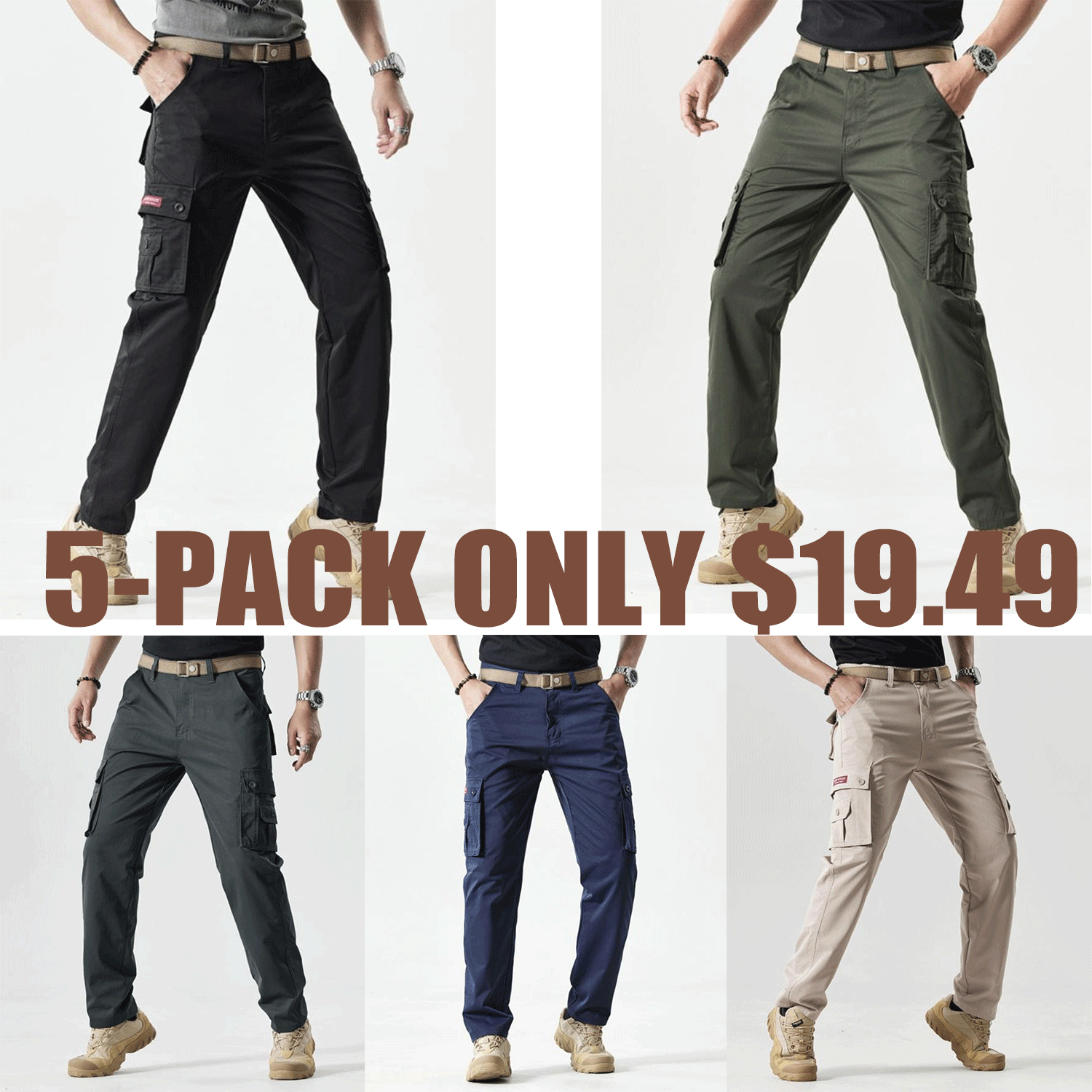 Men's Solid Color Patched Zipper Fly Cargo Pants