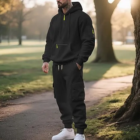 Men’s Fleece-Lined 2-Piece Tracksuit: Tactical Quarter-Zip Hoodie + Cargo Joggers