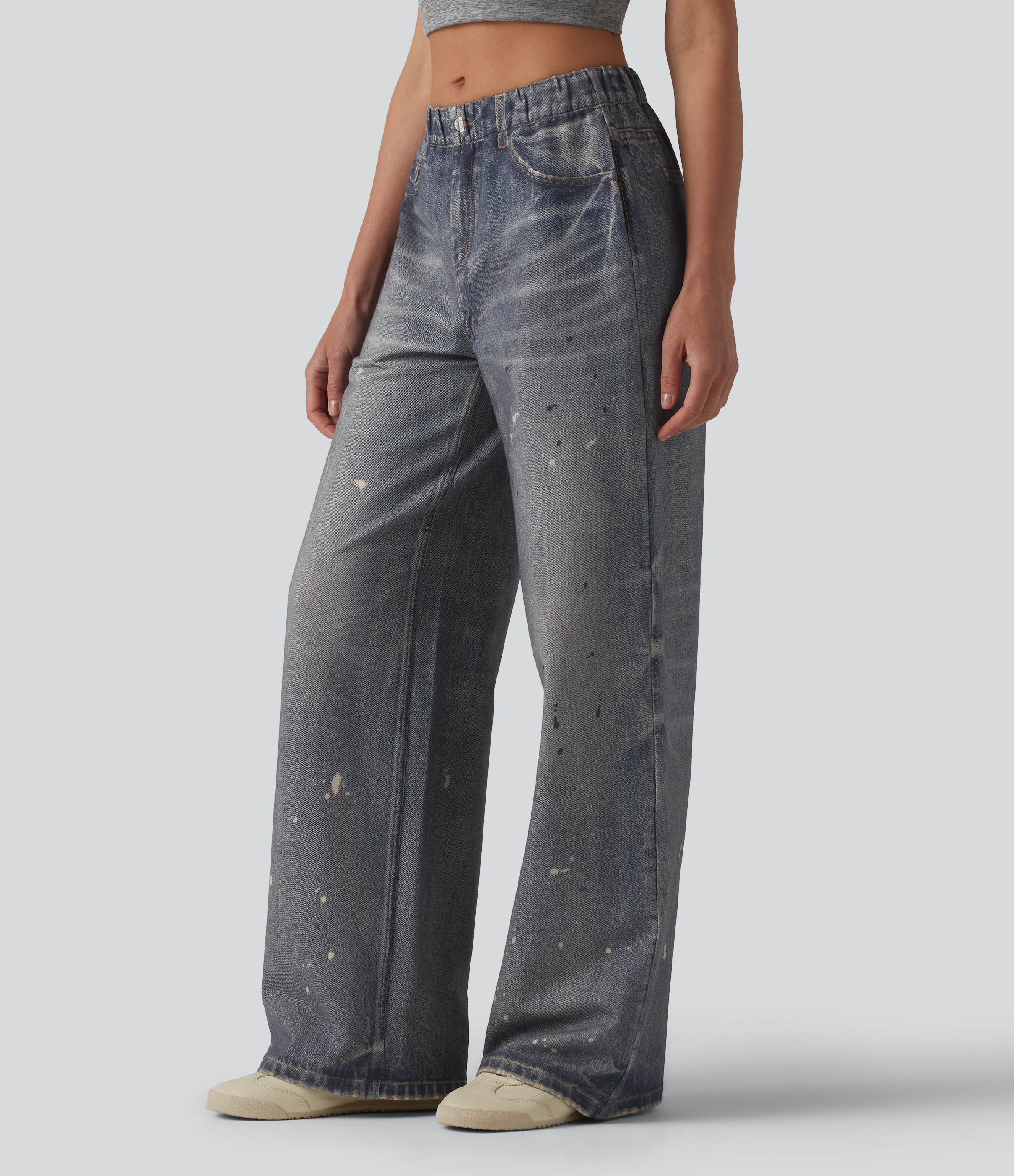 Mid Rise Denim Print French Terry Casual Sweatpants Jeans with Pockets - Painted Vintage Blue