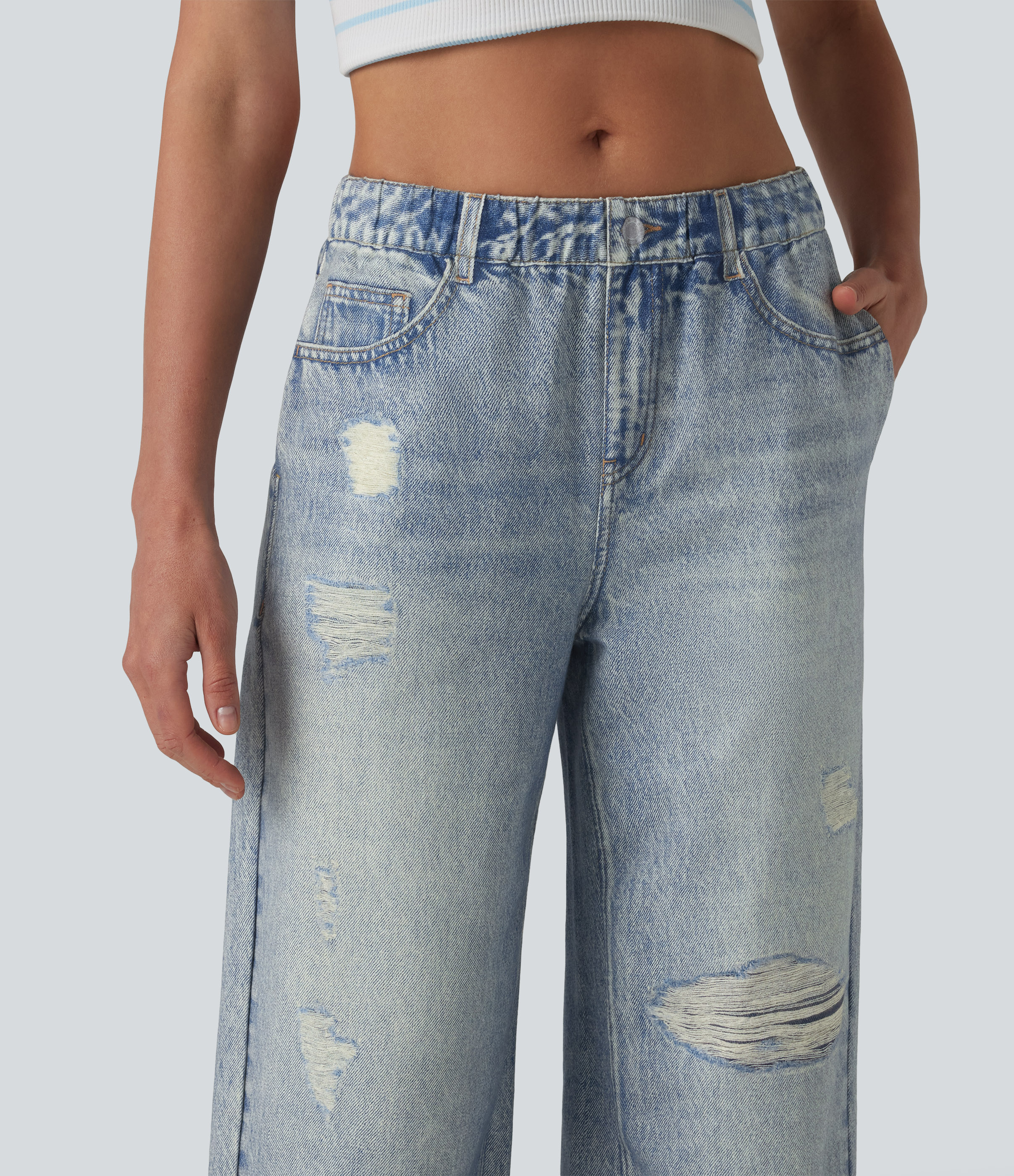 Mid Rise Denim Print French Terry Casual Sweatpants Jeans with Pockets - Soft Breeze Blue