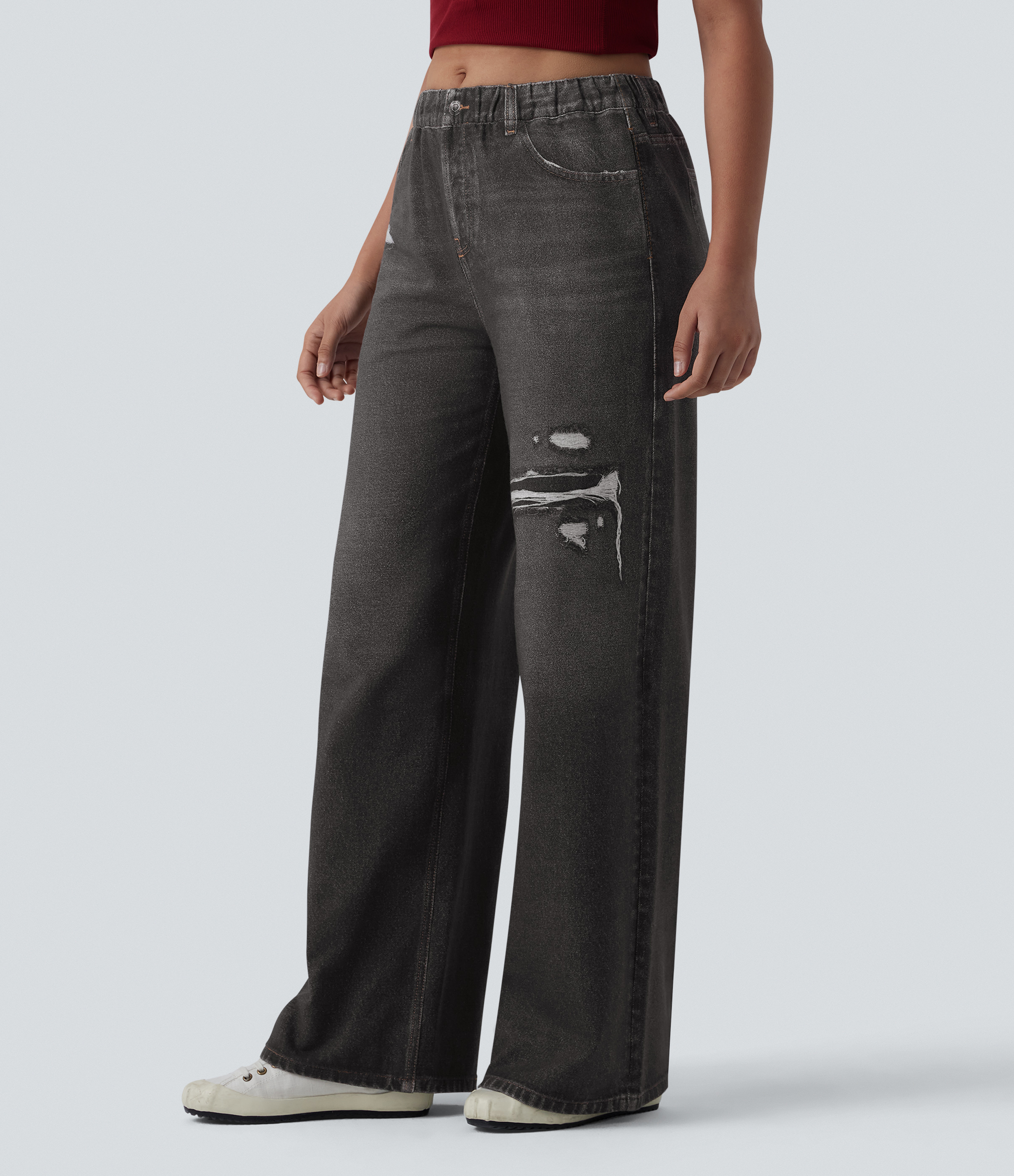Mid Rise Denim Print French Terry Casual Sweatpants Jeans with Pockets - Distressed Washed Black