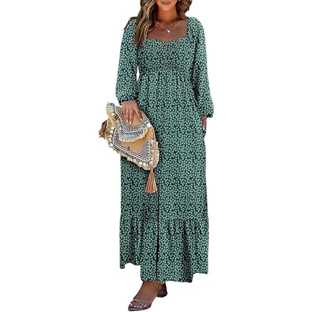 🔥2025 CRAZY DEAL🔥Spring Dresses for Women 2025 Boho Floral Smocked Square Neck Long Sleeve Button Down Beach Long Maxi Dress