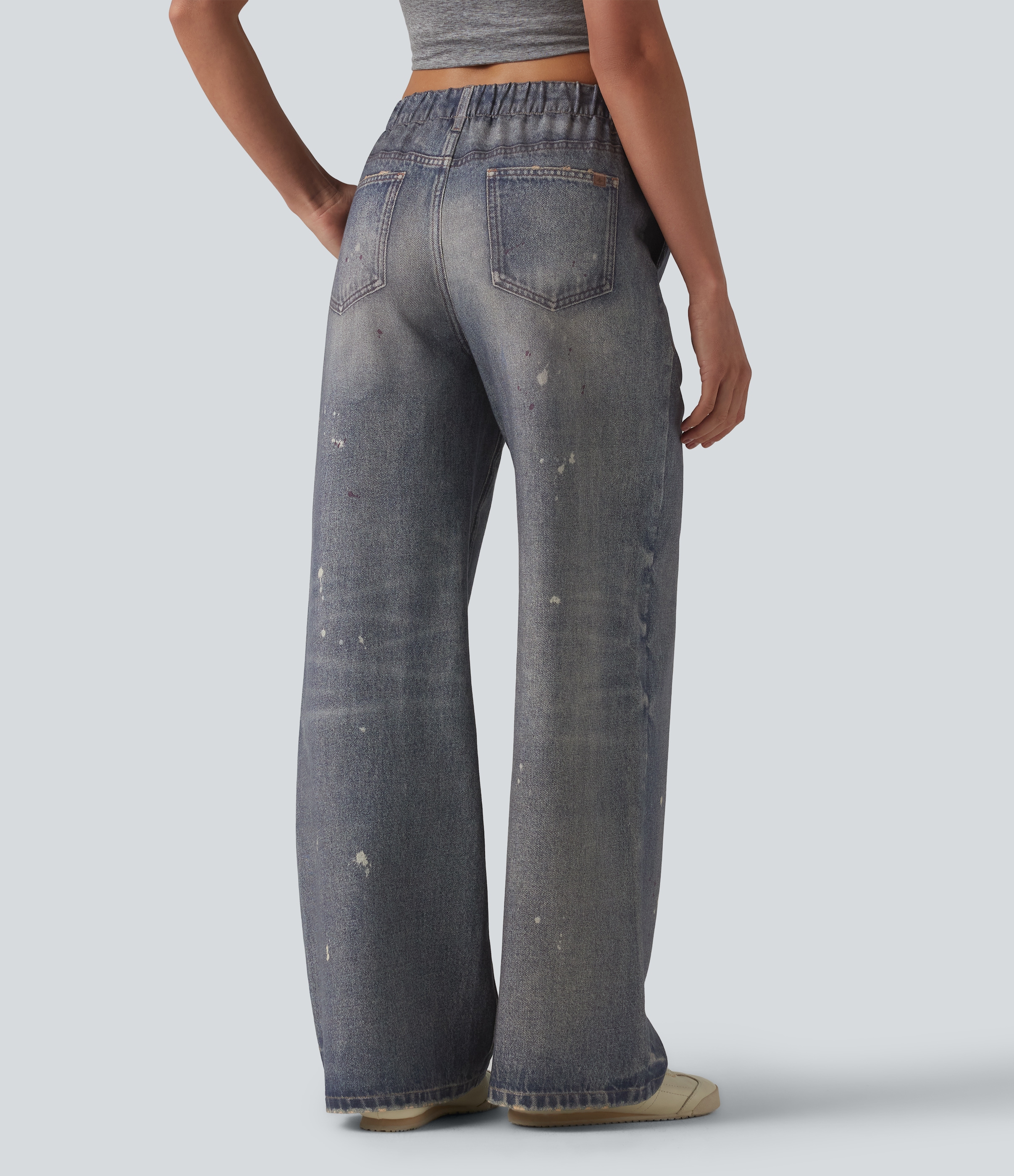 Mid Rise Denim Print French Terry Casual Sweatpants Jeans with Pockets - Painted Vintage Blue