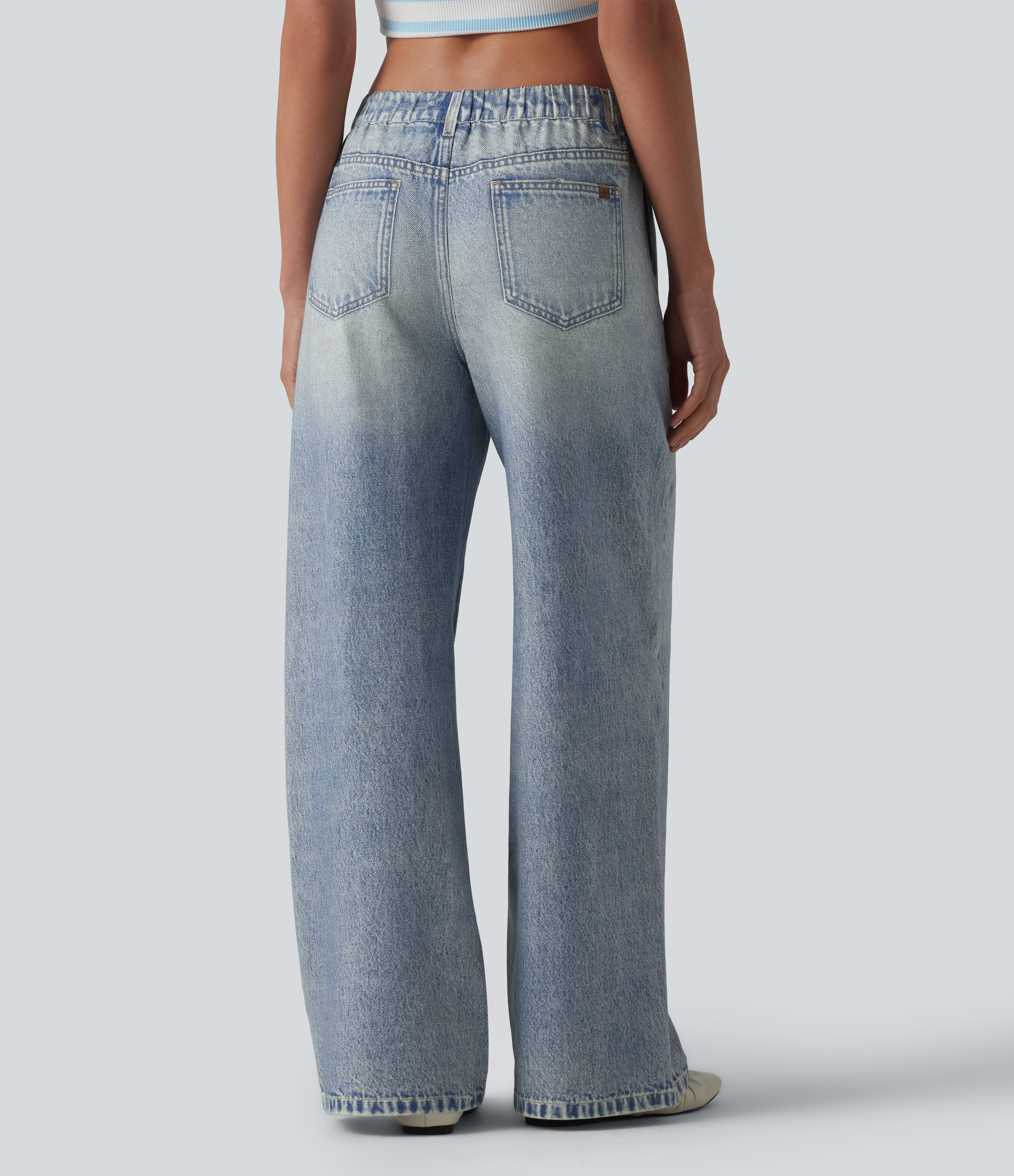 Mid Rise Denim Print French Terry Casual Sweatpants Jeans with Pockets - Soft Breeze Blue