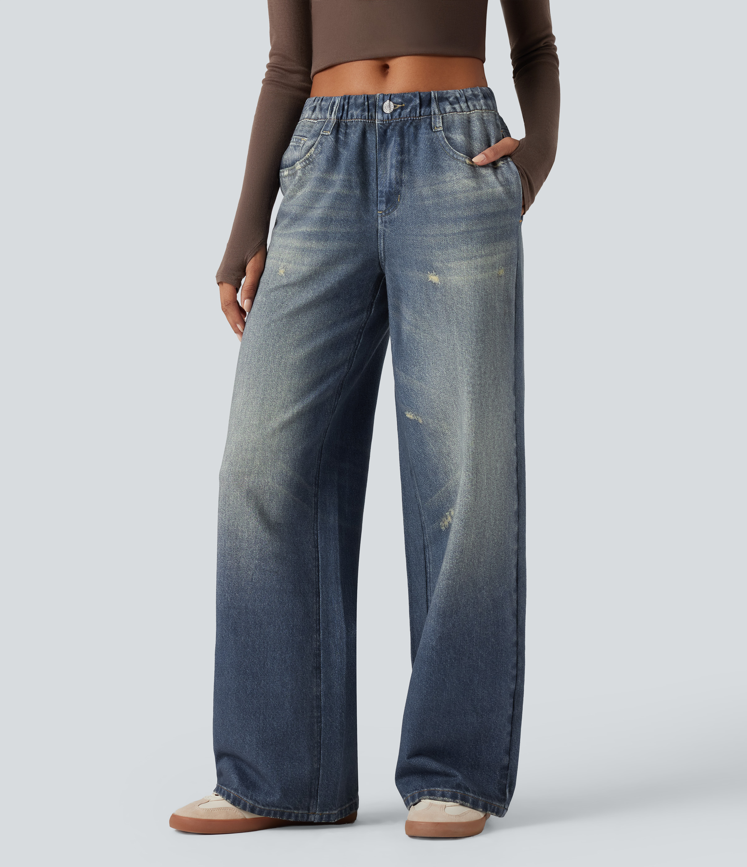 Mid Rise Denim Print French Terry Casual Sweatpants Jeans with Pockets - Dutch Blue Denim
