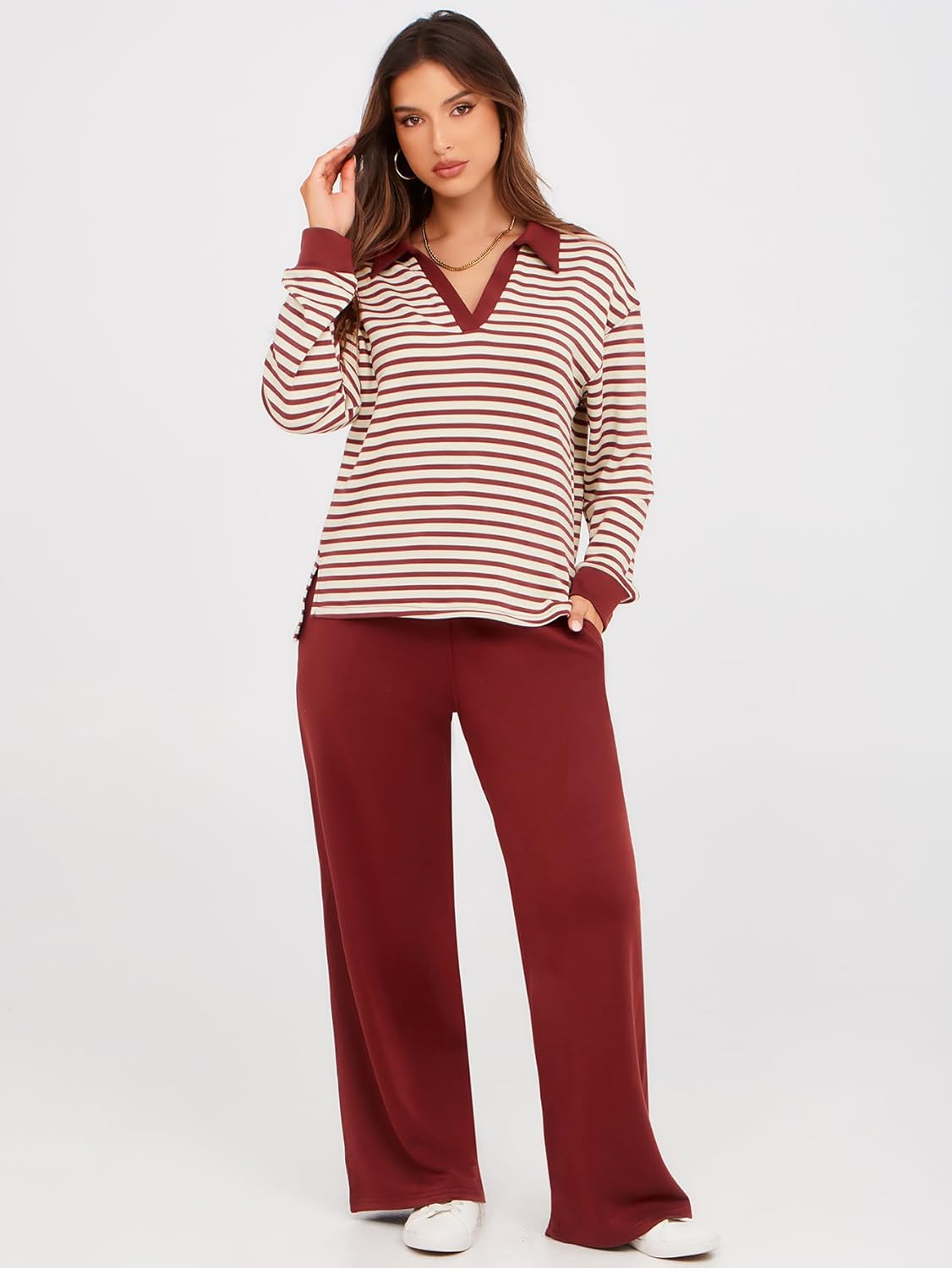 Women's 2 Piece Sets Outfits Casual Long Sleeve Sweatsuits Polo Top and Wide Leg Pants Matching Sets