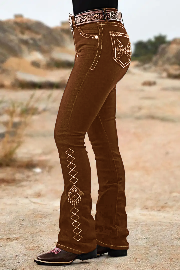 Wash Geo Embroidery Rhinestone Decor Mid Rise Bootcut Jeans Without Belt
