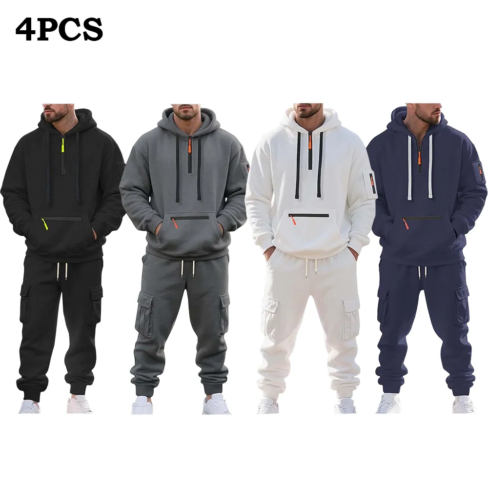 Men’s Fleece-Lined 2-Piece Tracksuit: Tactical Quarter-Zip Hoodie + Cargo Joggers