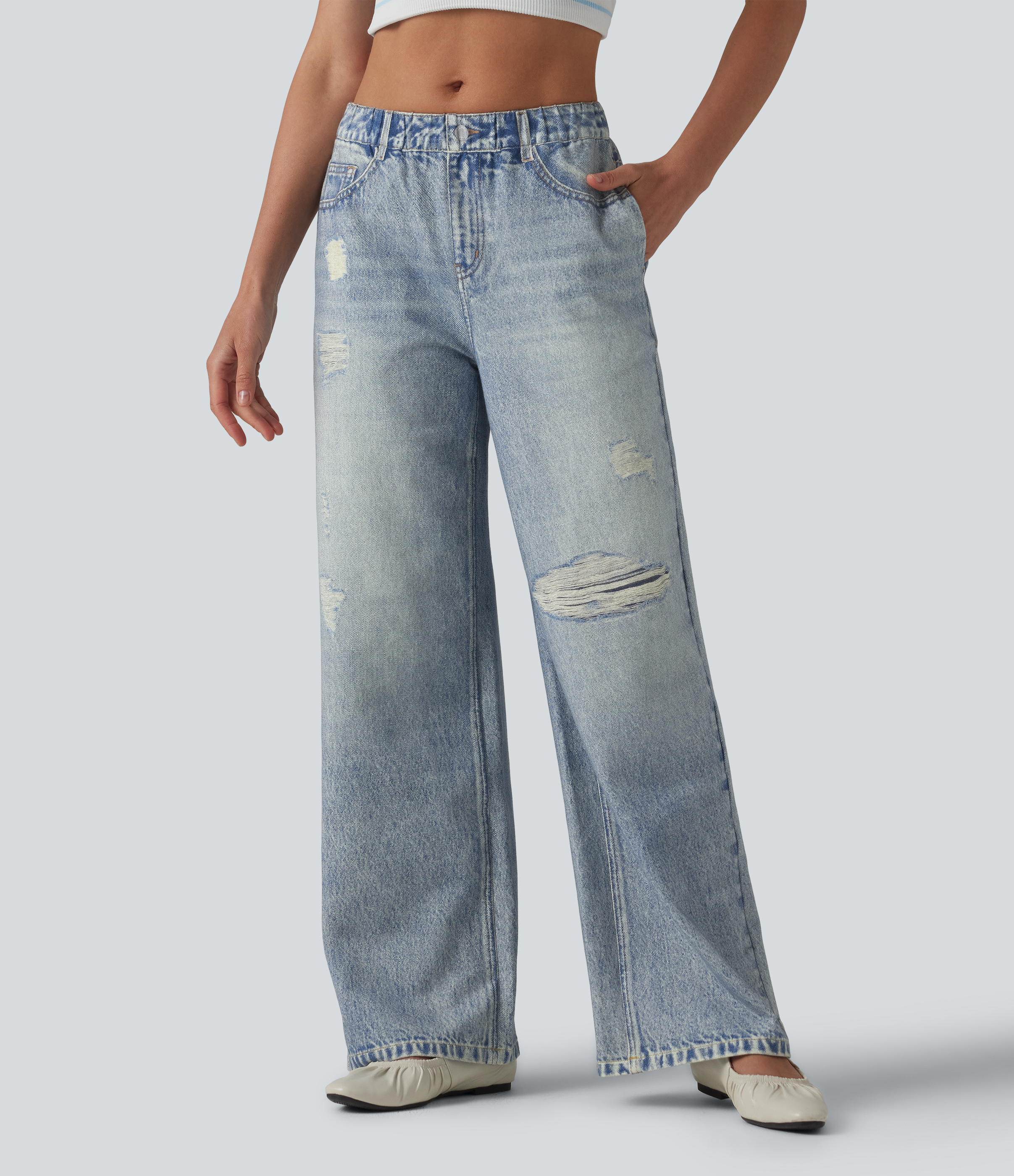 Mid Rise Denim Print French Terry Casual Sweatpants Jeans with Pockets - Soft Breeze Blue