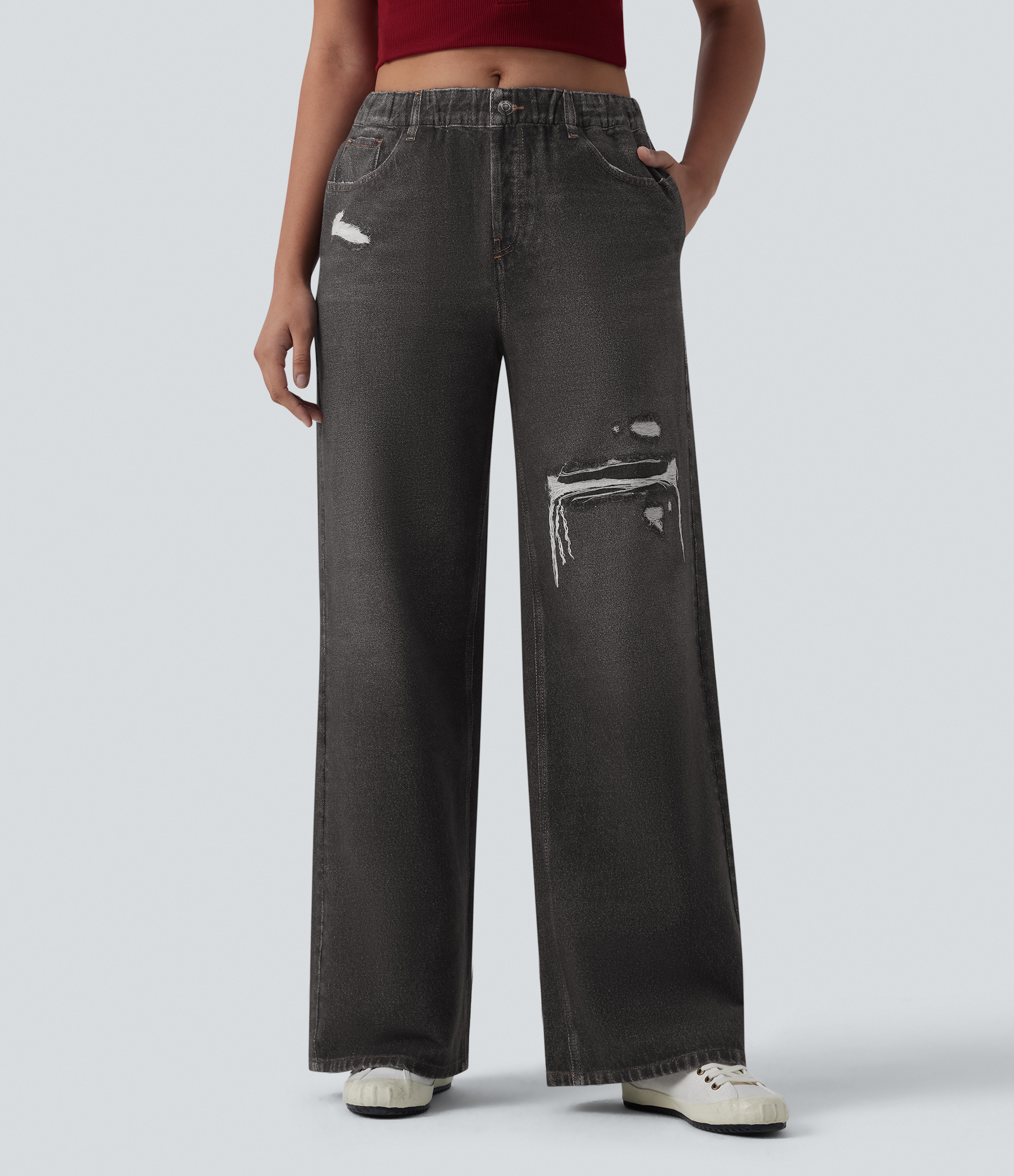 Mid Rise Denim Print French Terry Casual Sweatpants Jeans with Pockets - Distressed Washed Black