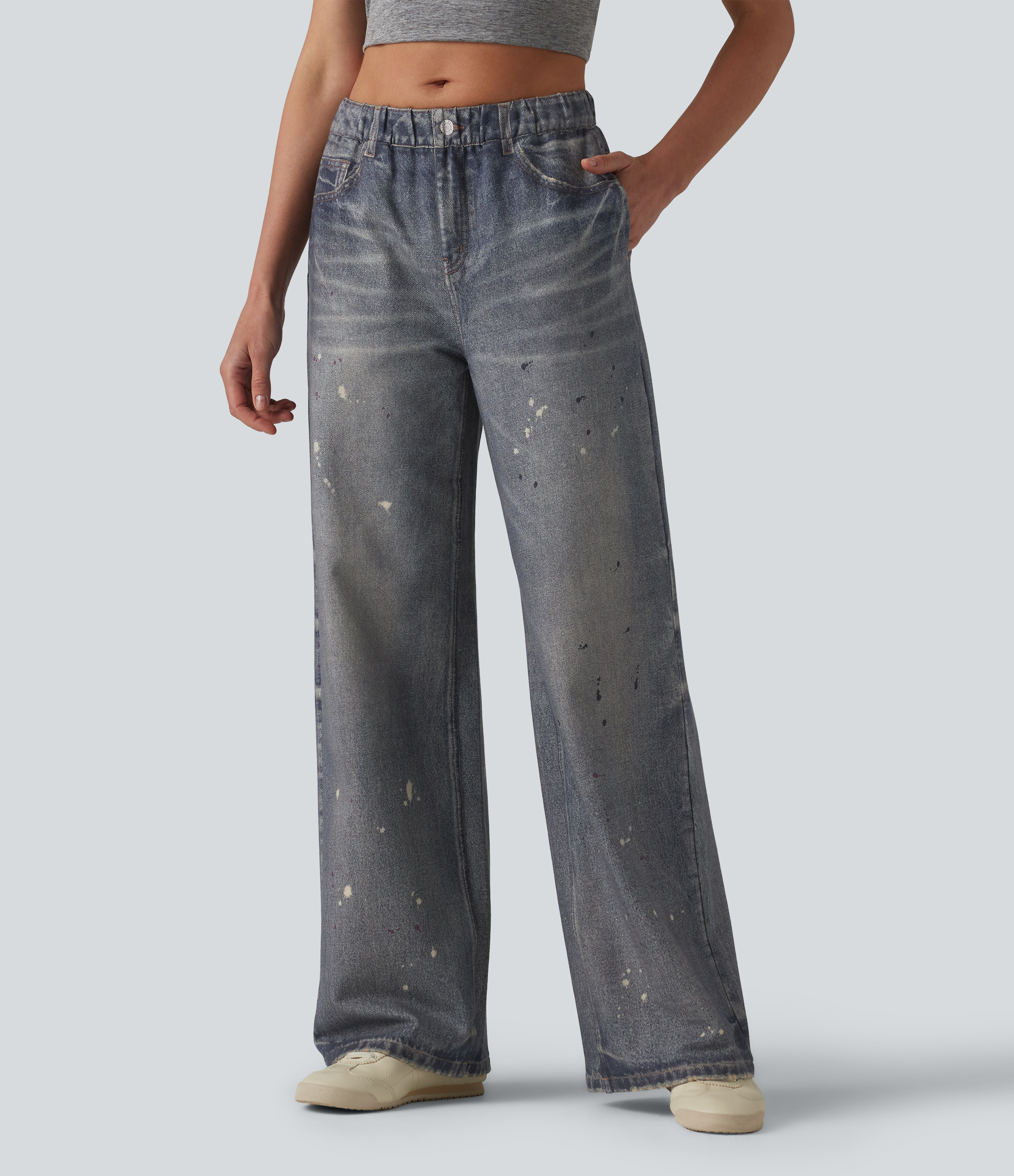 Mid Rise Denim Print French Terry Casual Sweatpants Jeans with Pockets - Painted Vintage Blue