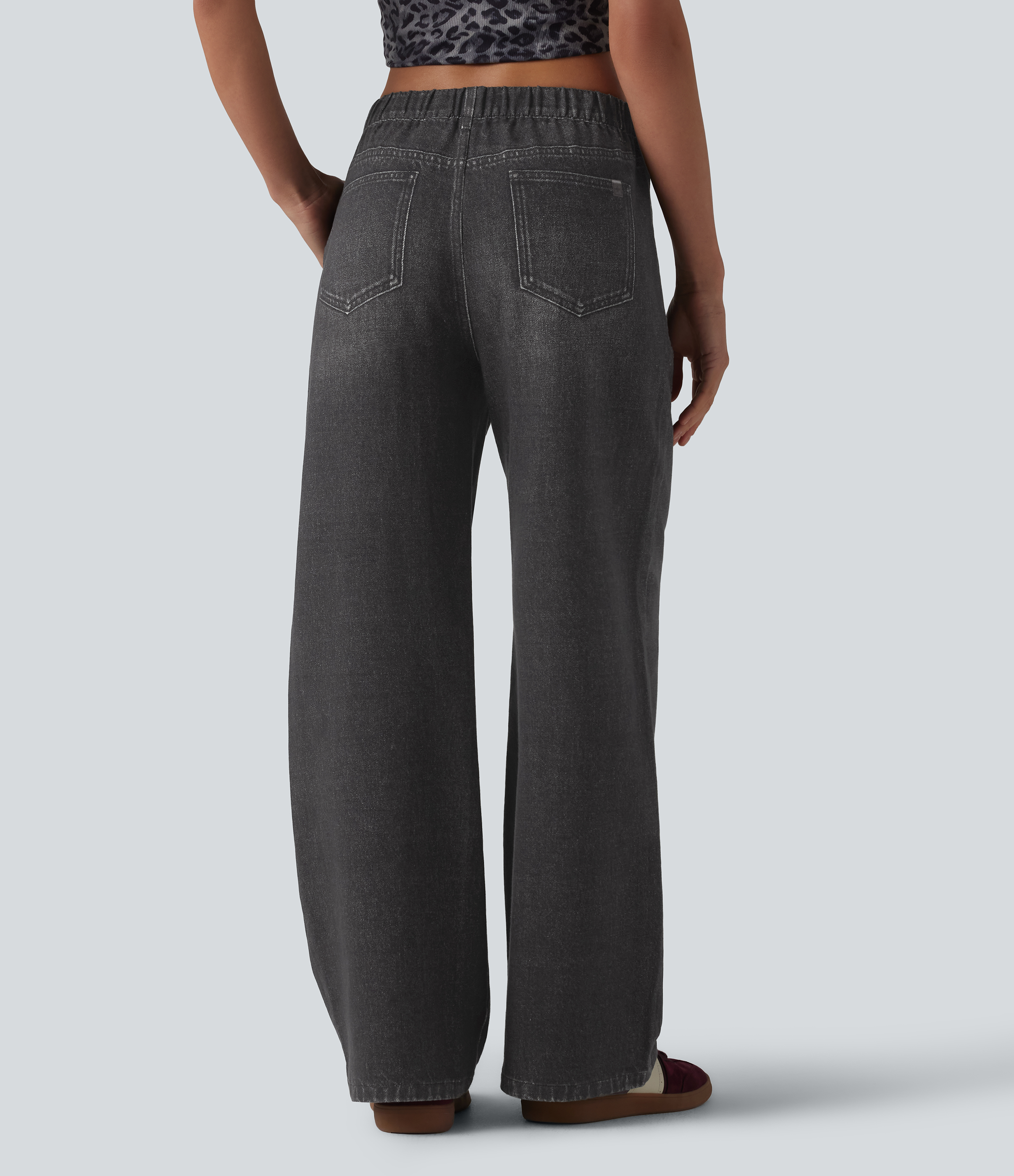 Mid Rise Denim Print French Terry Casual Sweatpants Jeans with Pockets - Smoky Washed Black