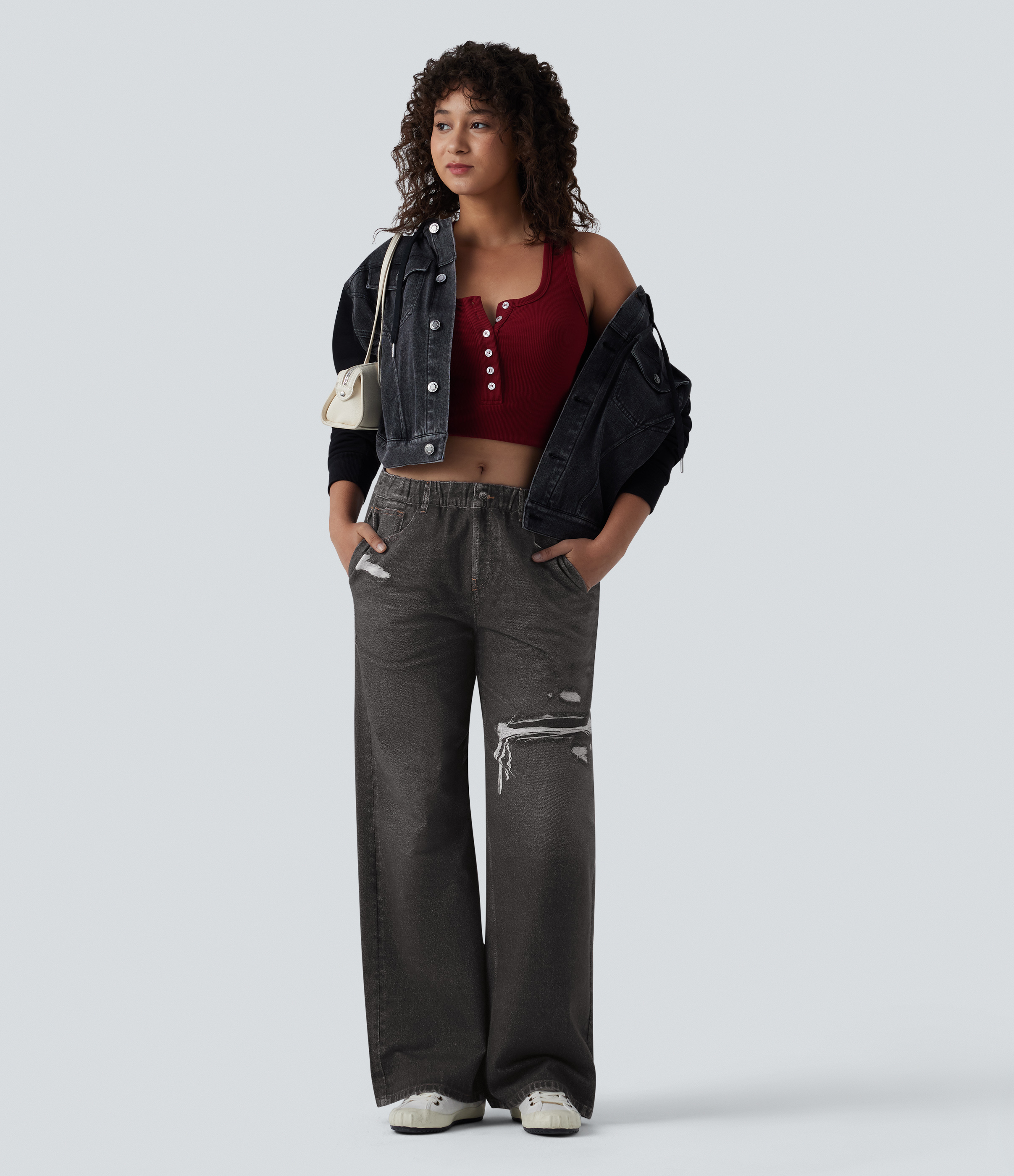 Mid Rise Denim Print French Terry Casual Sweatpants Jeans with Pockets - Distressed Washed Black