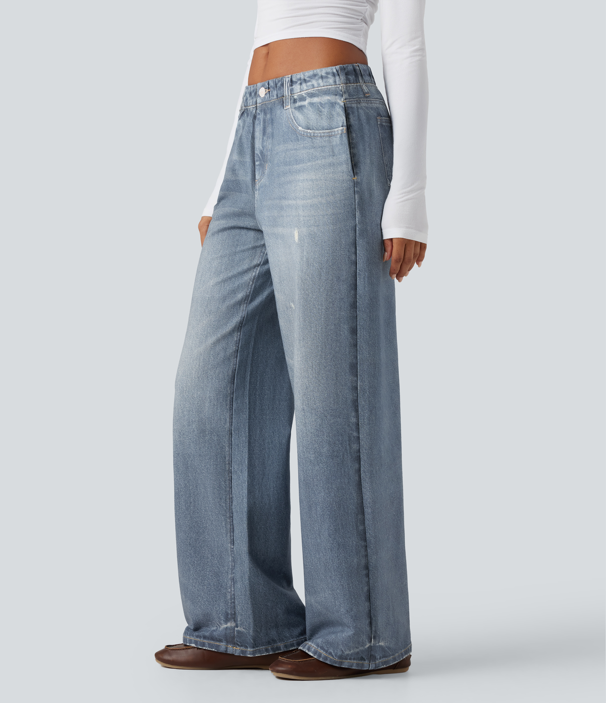 Mid Rise Denim Print French Terry Casual Sweatpants Jeans with Pockets - Light Ocean Denim