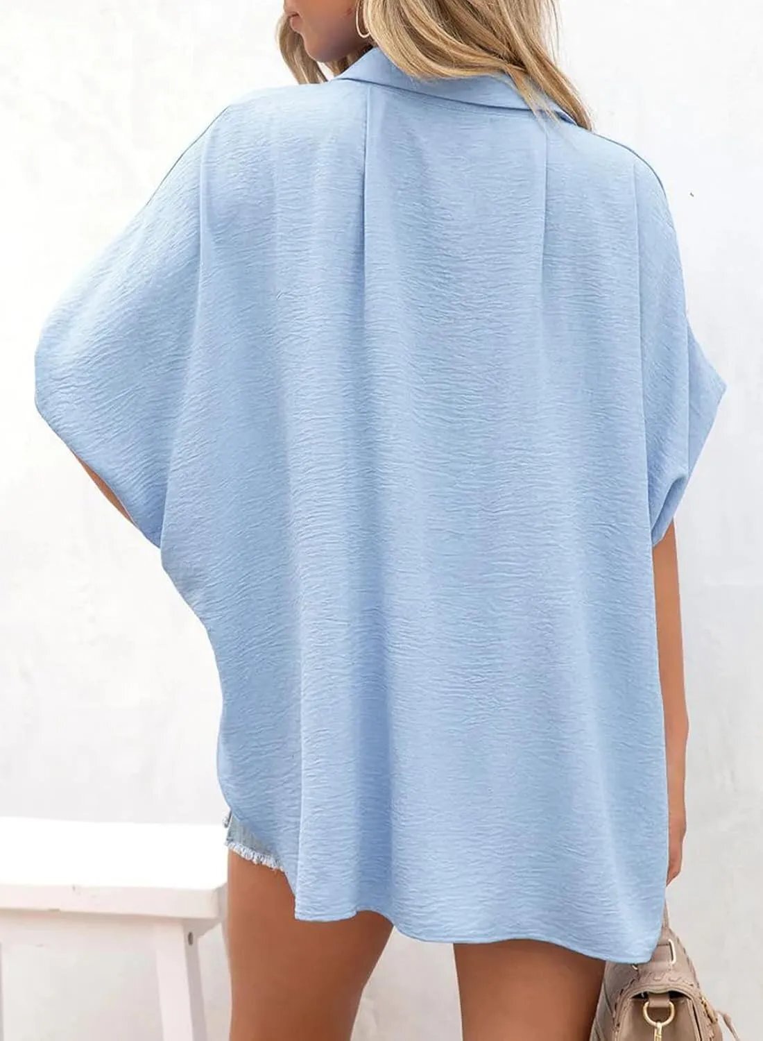 Women's Casual Button Short Sleeve Slit Hem Shirt Solid Color Tops