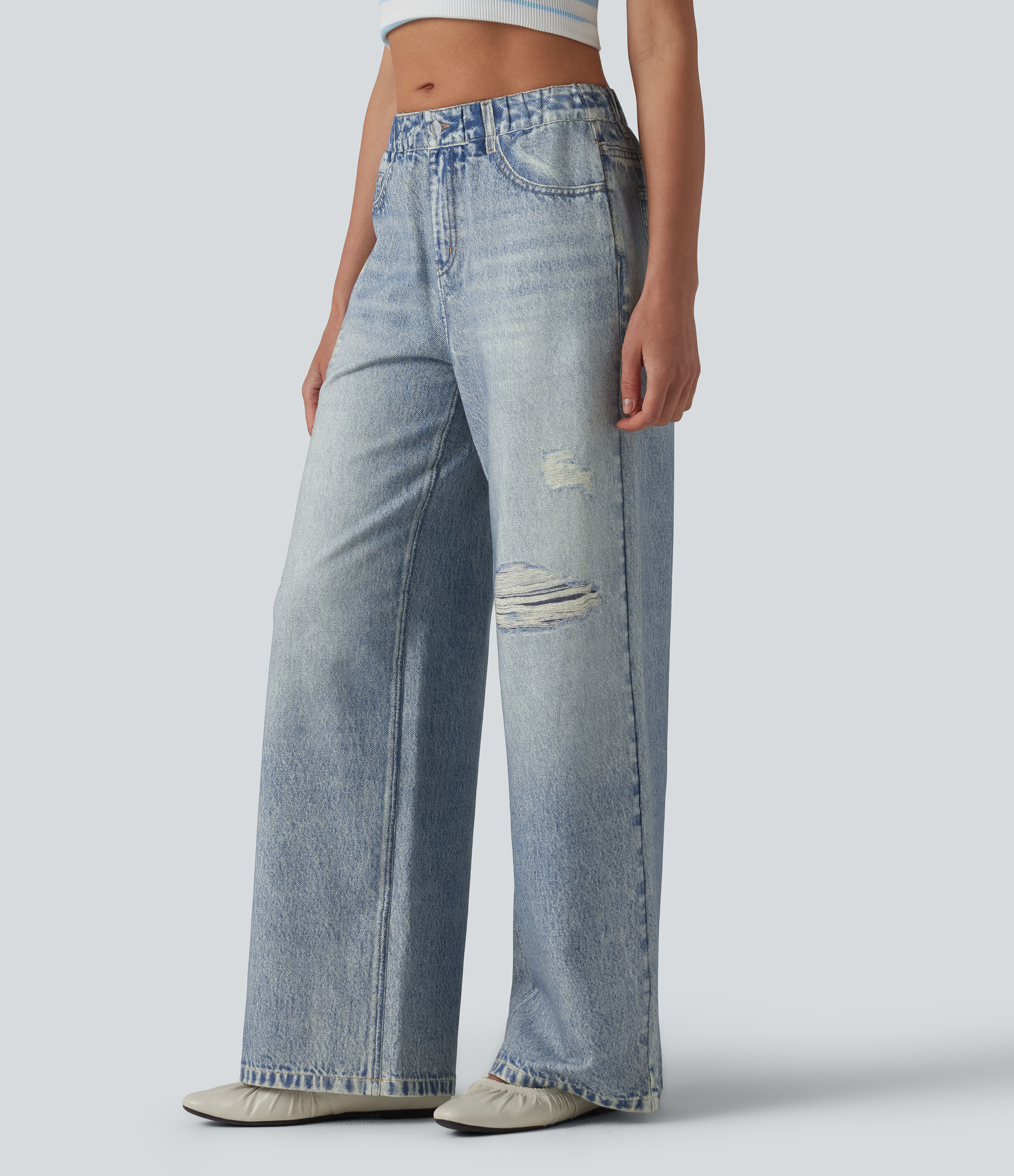 Mid Rise Denim Print French Terry Casual Sweatpants Jeans with Pockets - Soft Breeze Blue