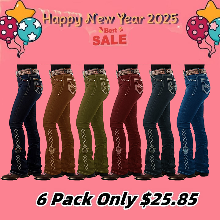 Wash Geo Embroidery Rhinestone Decor Mid Rise Bootcut Jeans Without Belt