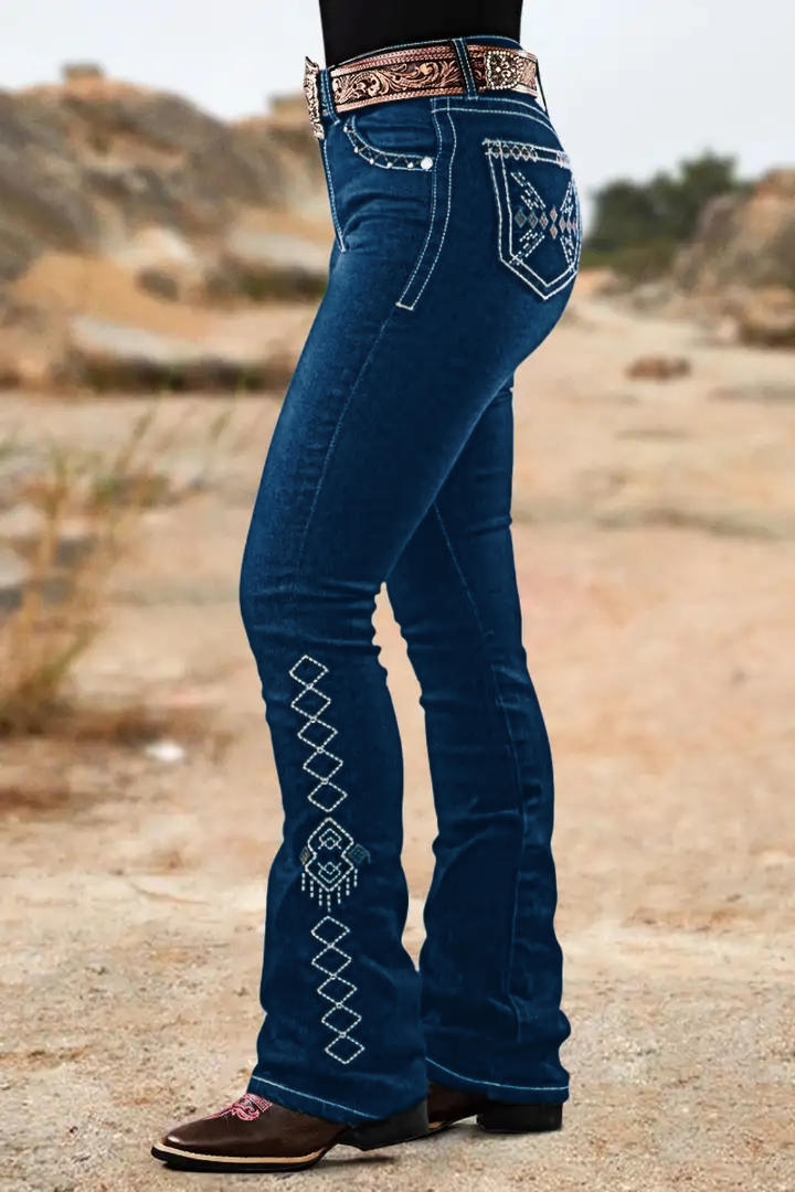 Wash Geo Embroidery Rhinestone Decor Mid Rise Bootcut Jeans Without Belt