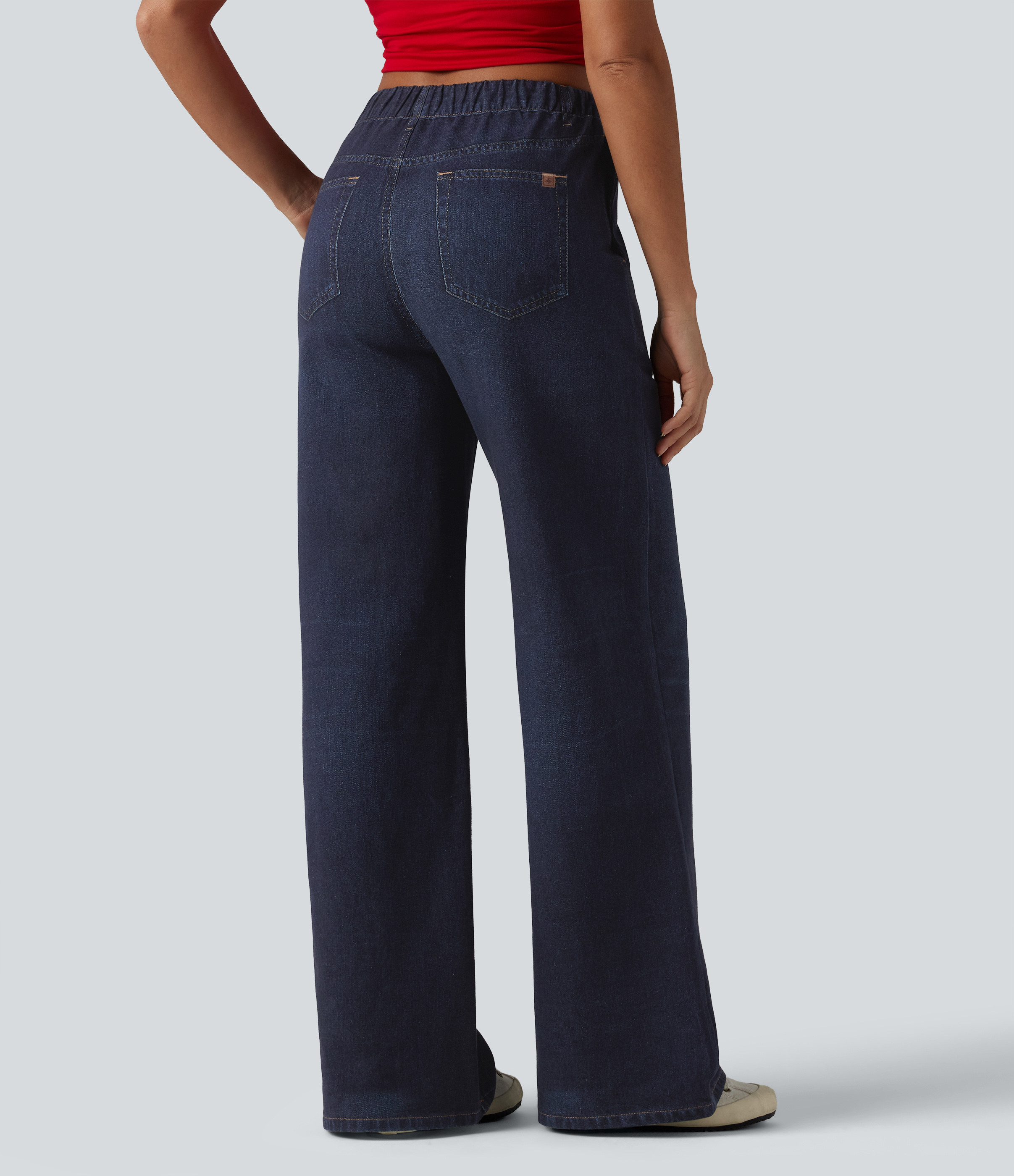 Mid Rise Denim Print French Terry Casual Sweatpants Jeans with Pockets - Pageant Indigo Denim