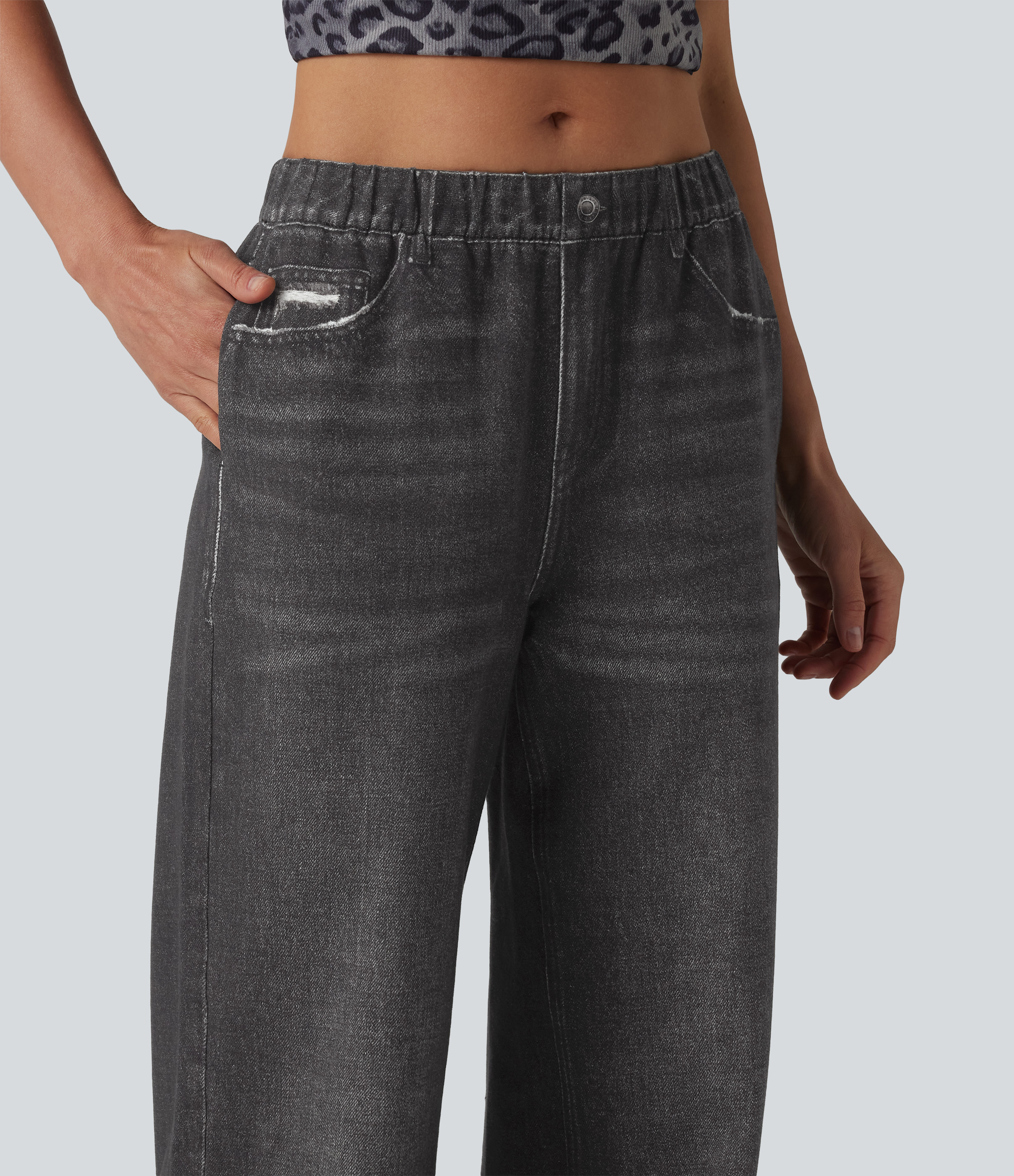 Mid Rise Denim Print French Terry Casual Sweatpants Jeans with Pockets - Smoky Washed Black