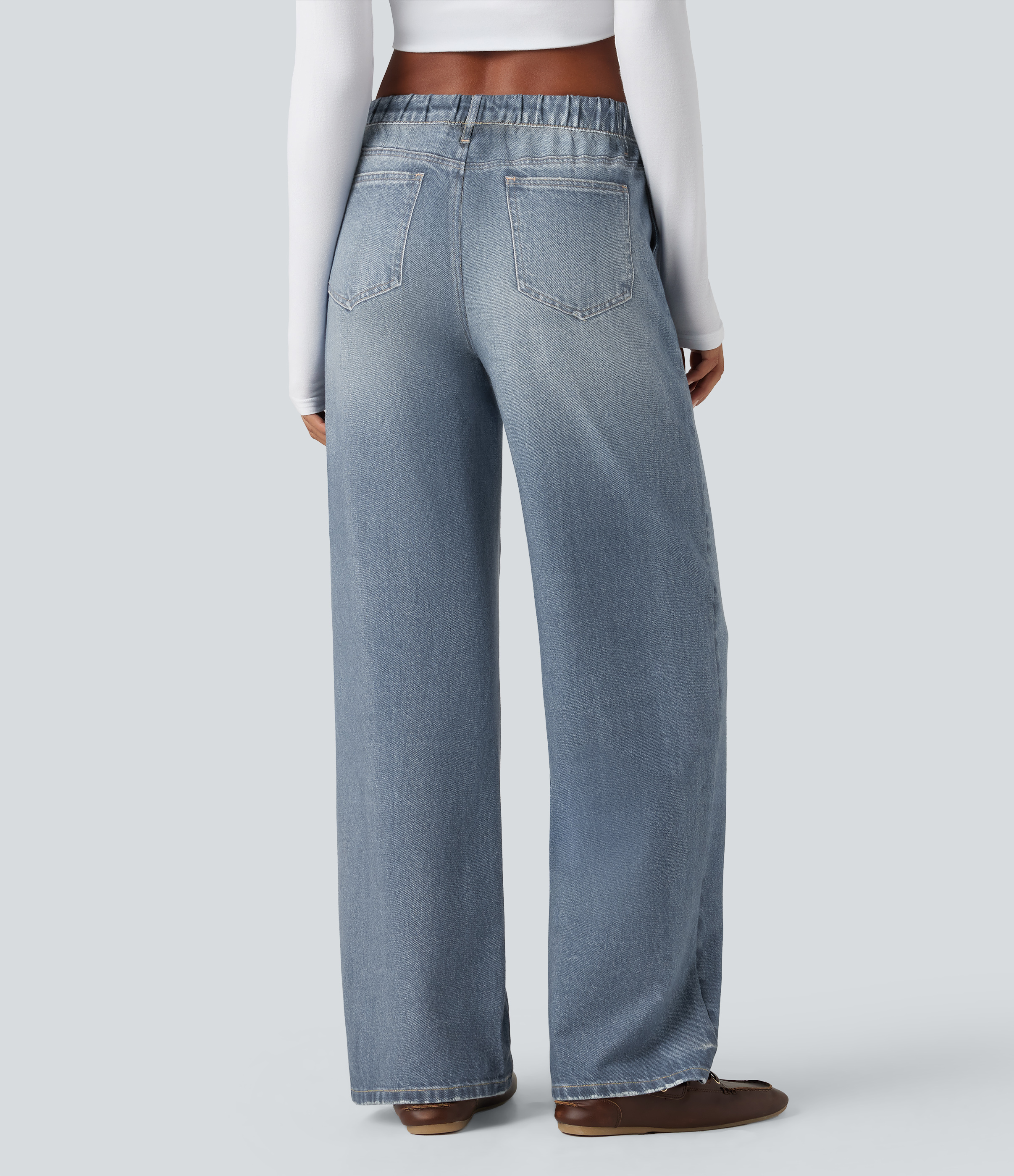 Mid Rise Denim Print French Terry Casual Sweatpants Jeans with Pockets - Light Ocean Denim