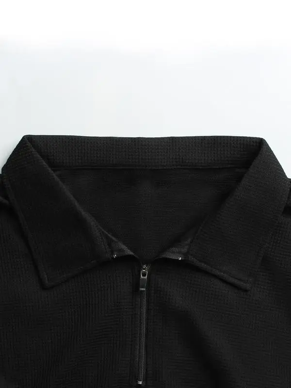 Men's Solid Textured Long Sleeve Polo Shirt & Drawstring Waist Pants Set