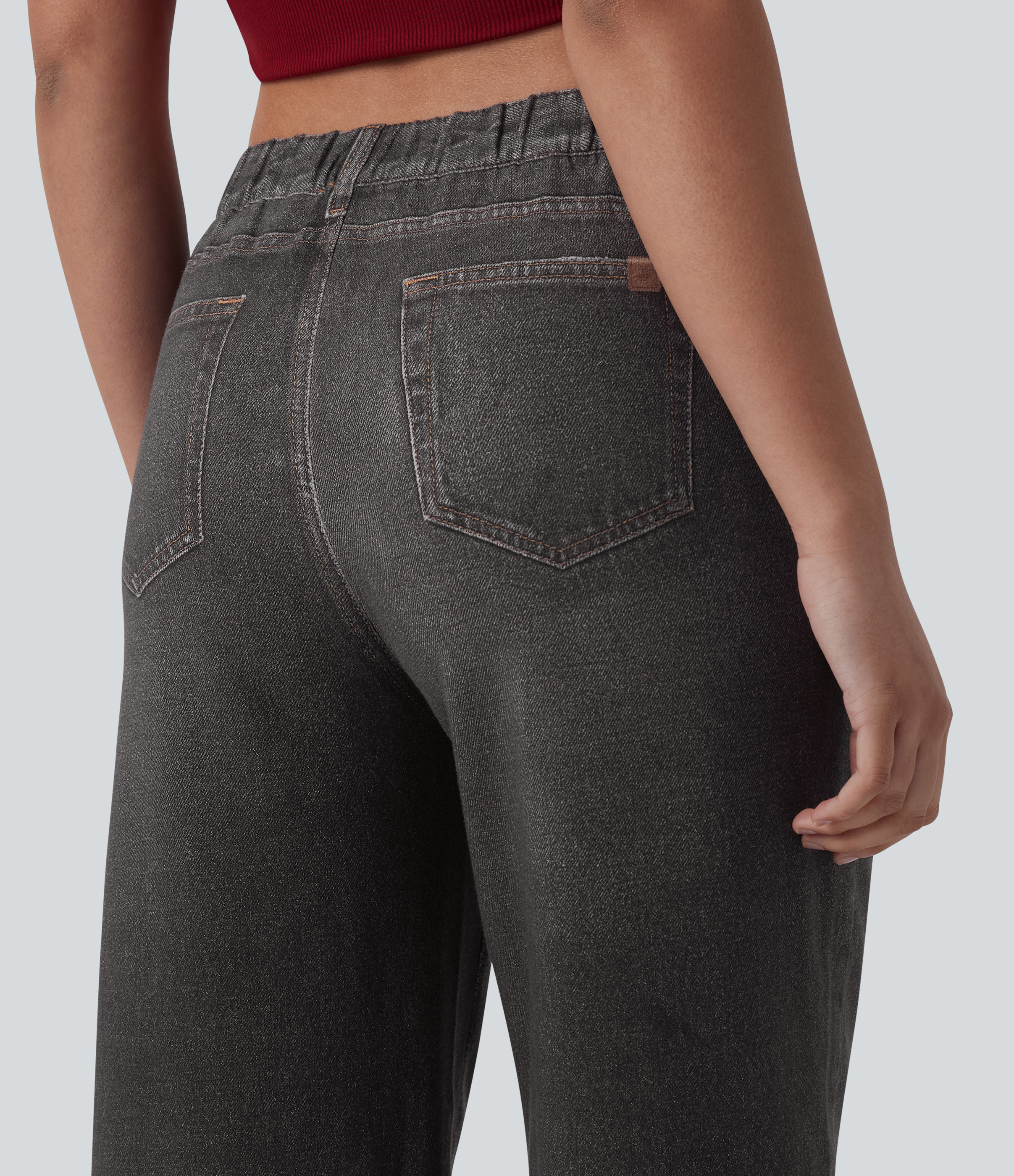 Mid Rise Denim Print French Terry Casual Sweatpants Jeans with Pockets - Distressed Washed Black