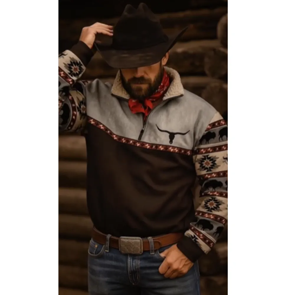 Retro western style, the sherpa lined sweatshirt is full of warmth!