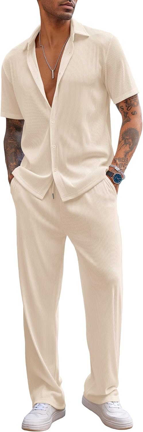 Men's 2 Piece Outfit Casual Short Sleeve Button Down Shirt Beach Summer Loose Pant Sets