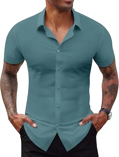 Men's Short Sleeve Stretch Slim Fit Casual Button Down Shirts