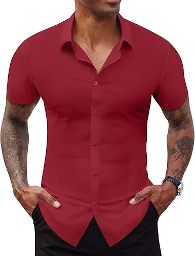Men's Short Sleeve Stretch Slim Fit Casual Button Down Shirts