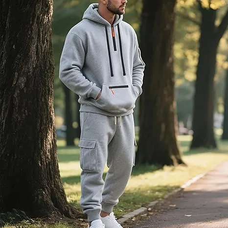 Men’s Fleece-Lined 2-Piece Tracksuit: Tactical Quarter-Zip Hoodie + Cargo Joggers